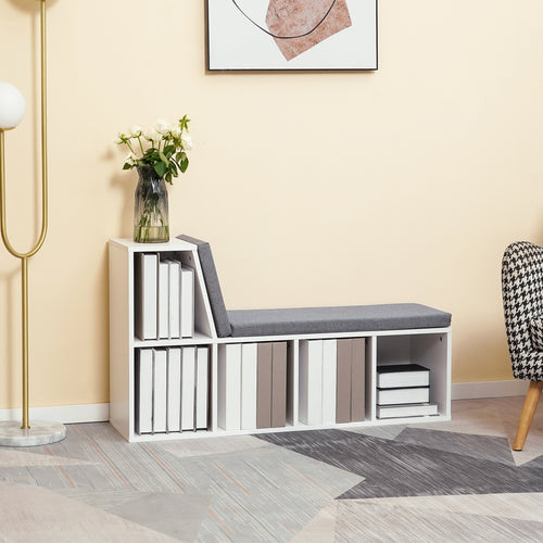 Multi-Purpose Bookshelf with 5 Cubes, 5-Cubby Bookcase with Cushioned Reading Nook and Storage Shelves, Grey
