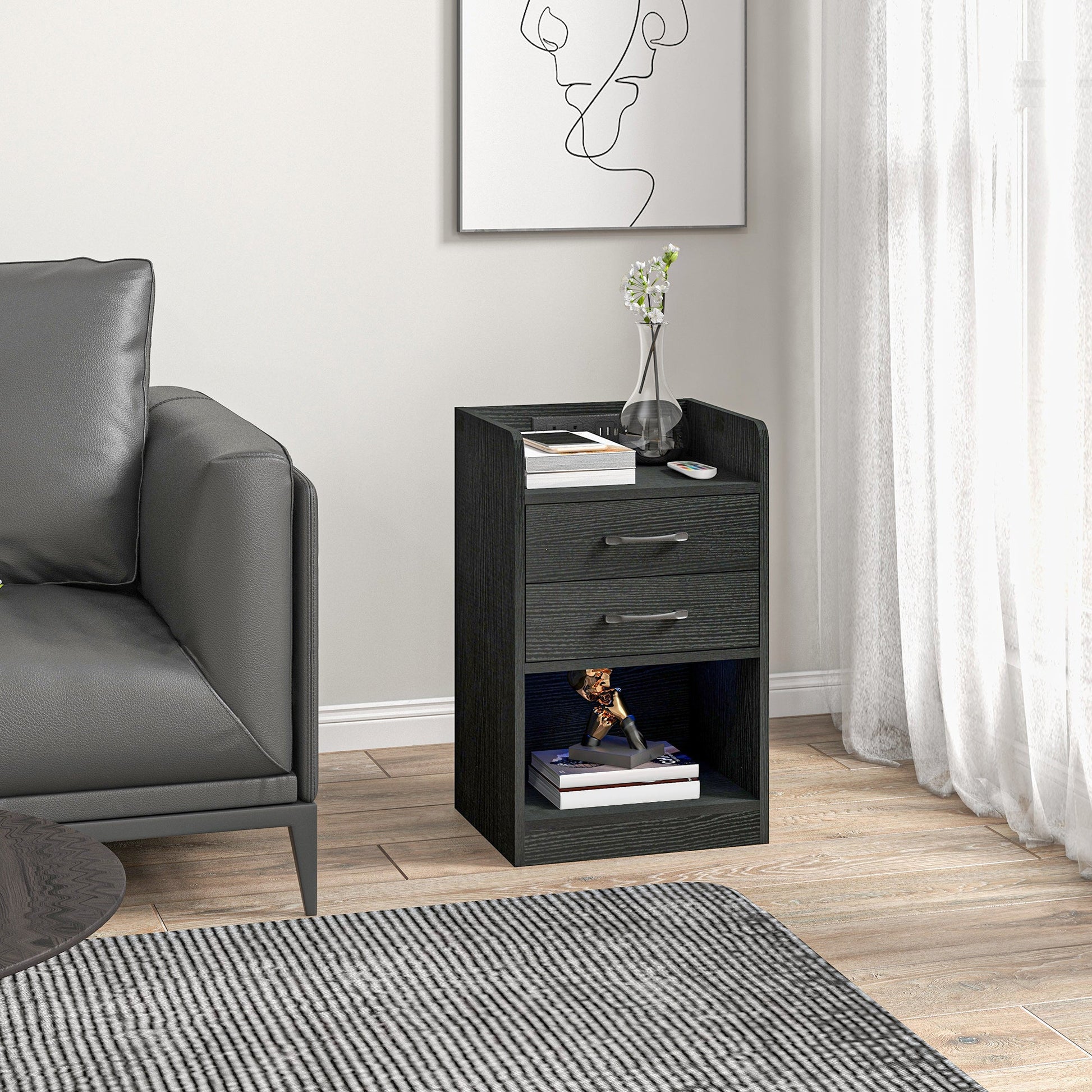 Tall Nightstand with Charging Station and LED Lights, Small Bedside Table with AC Outlets, USB Ports, 2 Drawers, Shelf Bedside Tables   at Gallery Canada