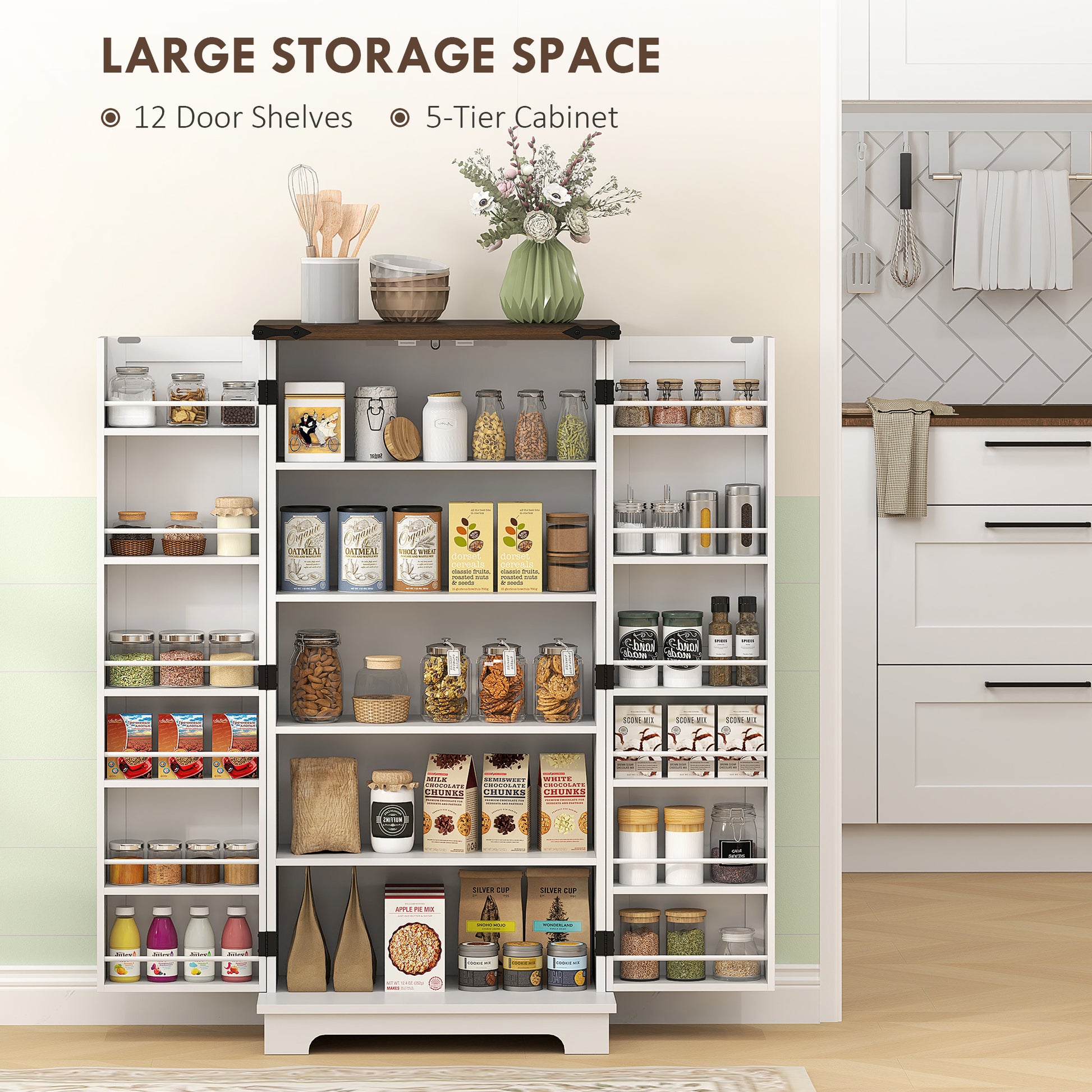 47" Kitchen Pantry Storage Cabinet, Farmhouse Kitchen Pantry Cabinet with Adjustable Shelves and Door Shelves, White Kitchen Pantry Cabinets at Gallery Canada