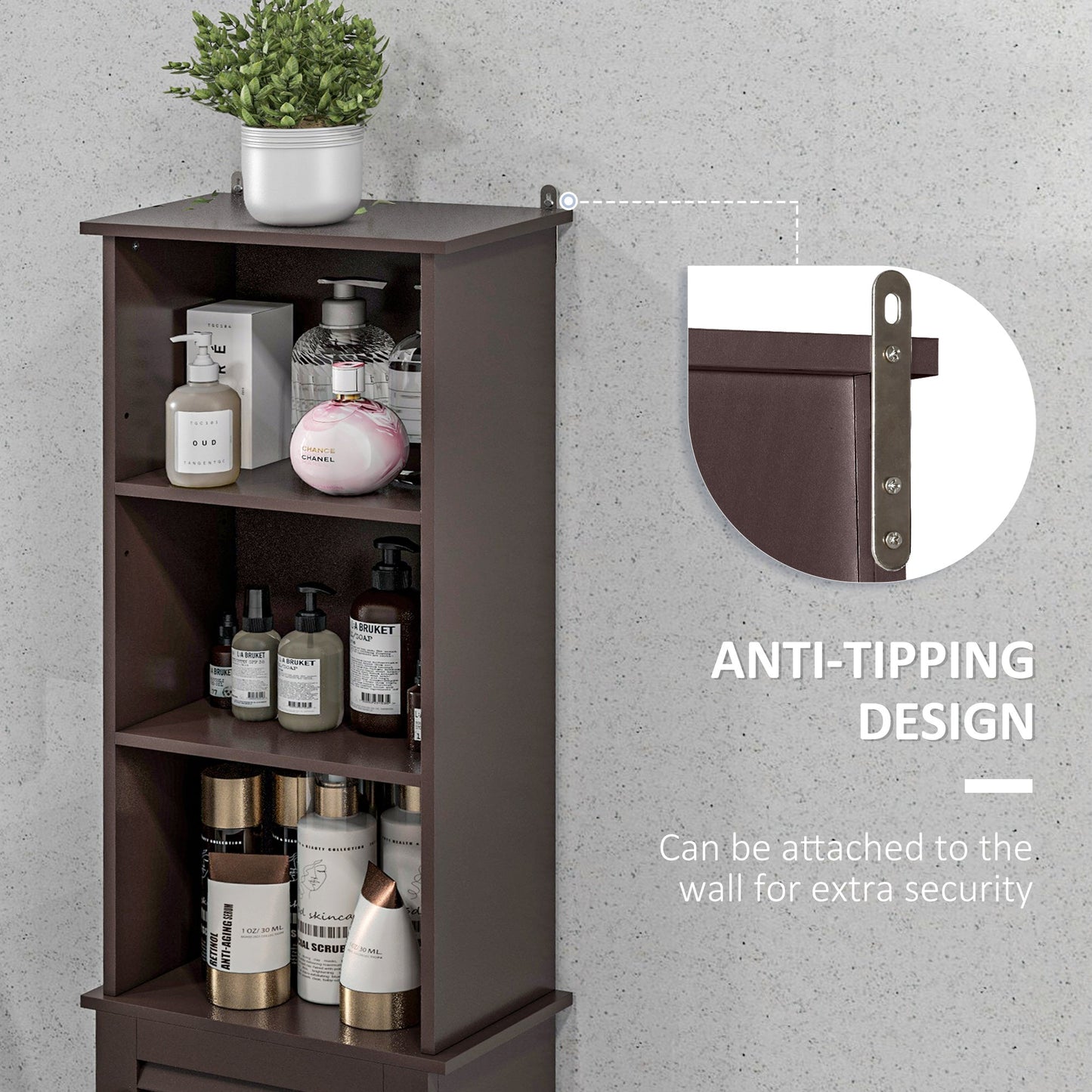 Tall Bathroom Storage Cabinet, Freestanding Linen Tower with 3-Tier Open Adjustable Shelf and Cupboard, Dark Brown Bathroom Cabinets   at Gallery Canada