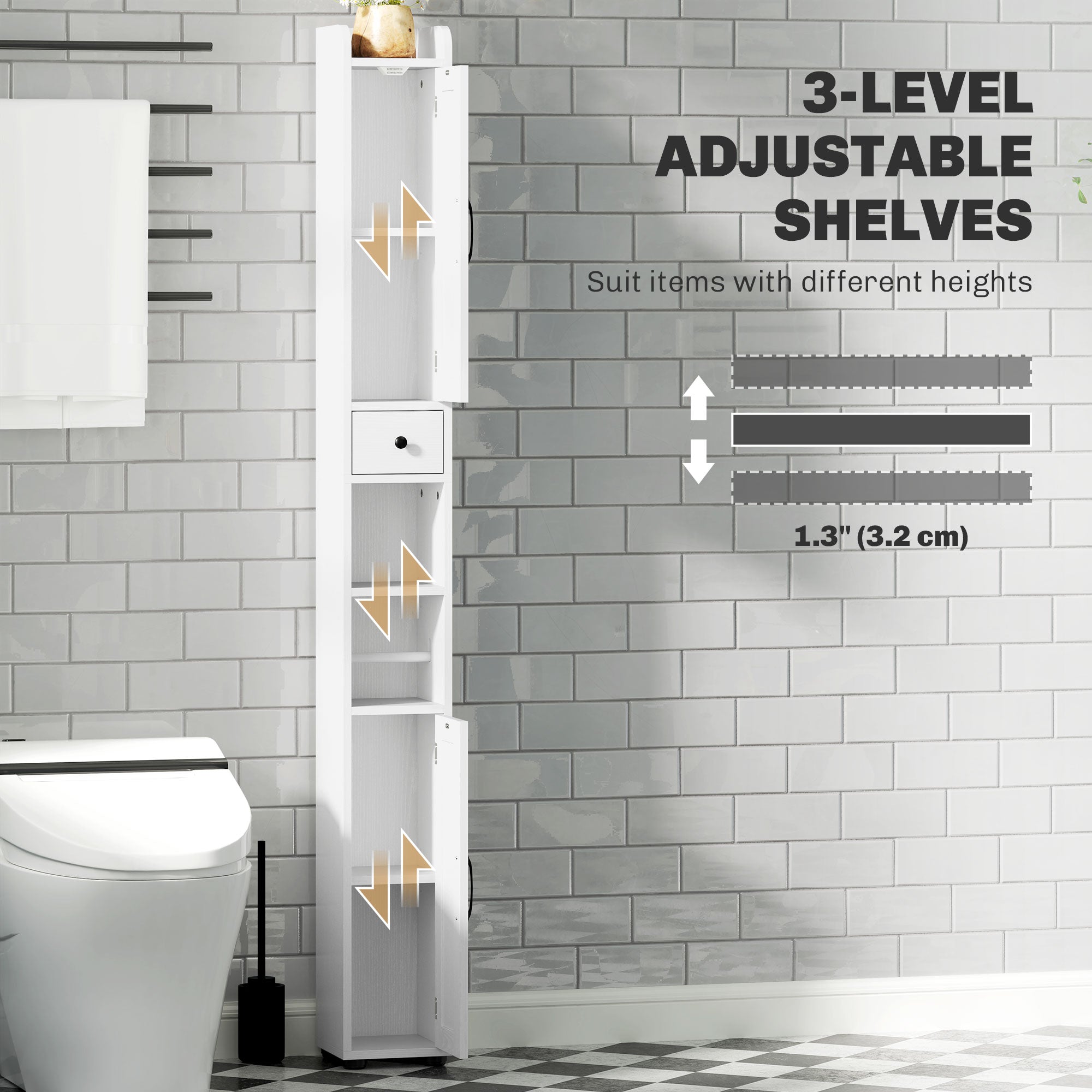 Narrow Bathroom Cabinet, Tall Bathroom Storage Cabinet with Barn Doors, Drawer and Adjustable Shelves, White Wood Grain Bathroom Cabinets at Gallery Canada