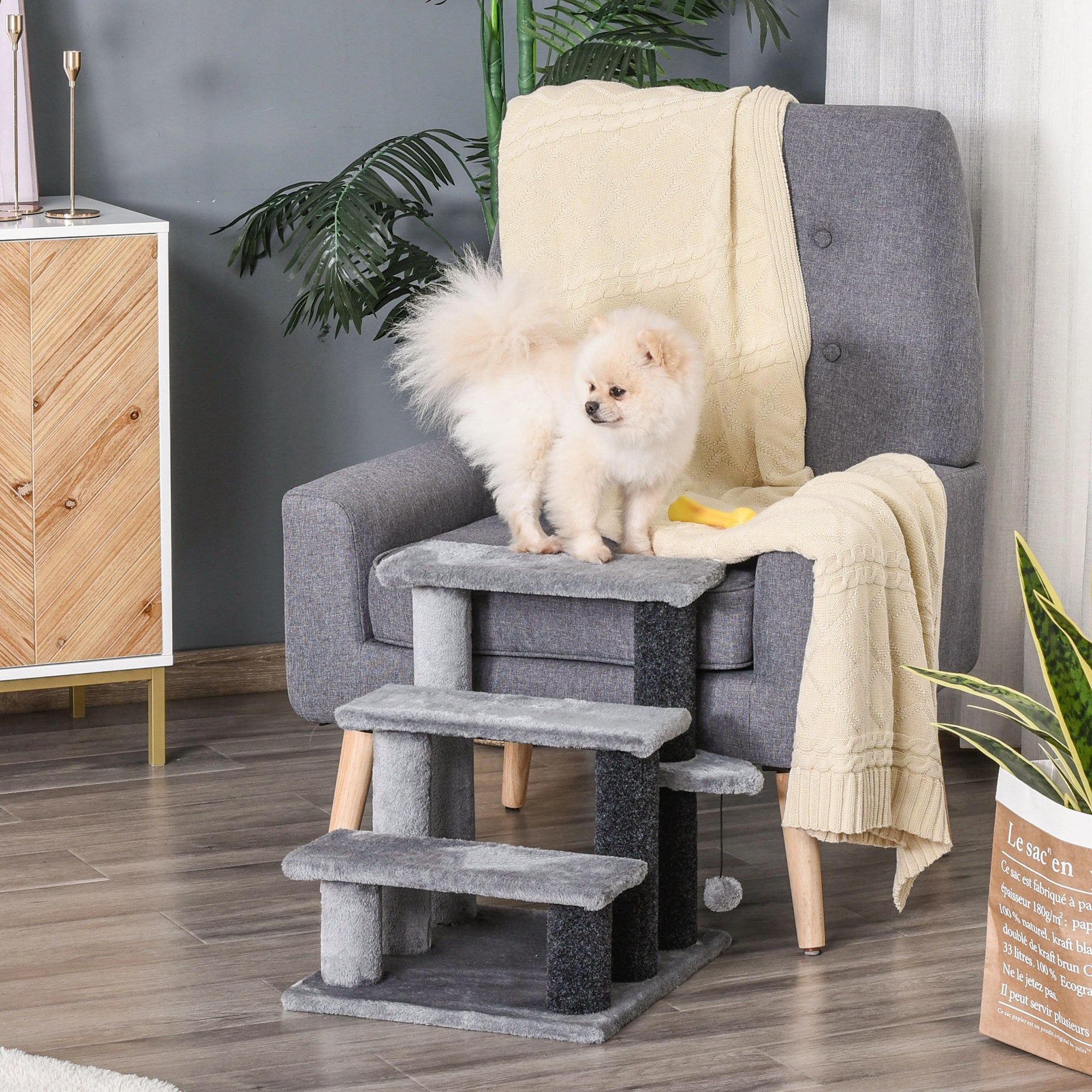 Cat Stairs for Bed, Couch 3 Steps, Small Cat Tree for Indoor Cats with Scratching Posts Toy Ball, 17.5