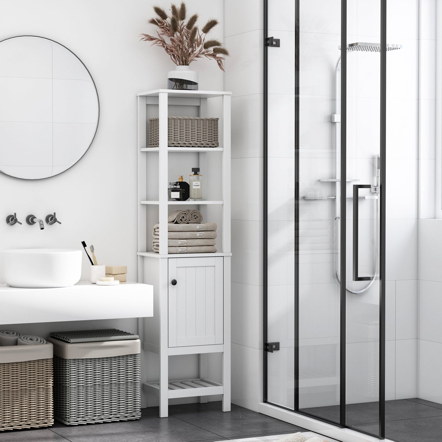 Tall Bathroom Storage Cabinet, Narrow Freestanding Linen Tower with Shelves &; Compact Design, White Bathroom Cabinets   at Gallery Canada