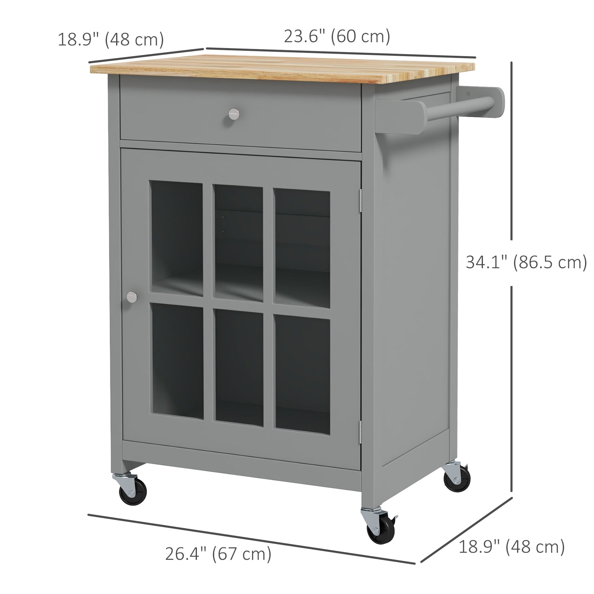 Rolling Kitchen Cart with Drawer and Glass Door Cabinet, Kitchen Island on Wheels with Towel Rack, Grey Kitchen Islands & Kitchen Carts   at Gallery Canada