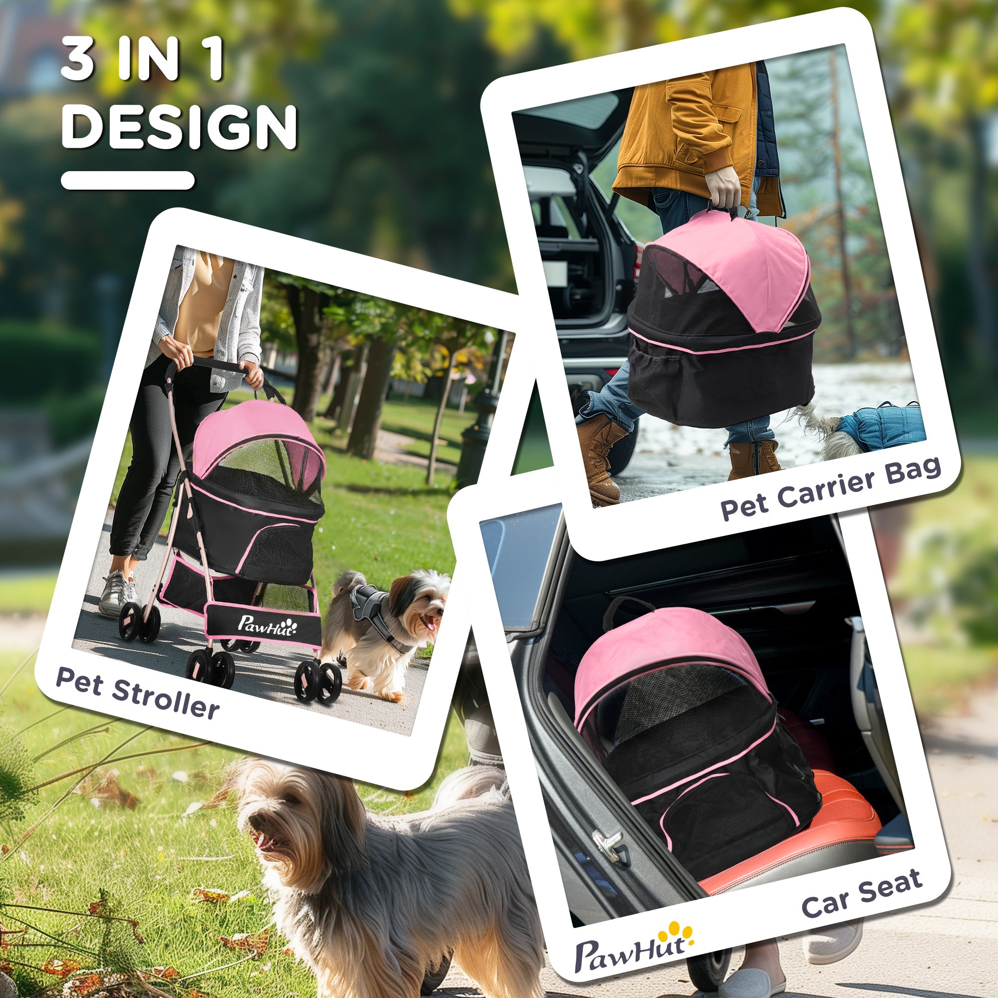 4 Wheels Pet Stroller, 3 in 1 Dog Cat Travel Folding Carrier, for Small Dogs, Detachable, w/ Brake, Canopy, Basket, Storage Bag - Pink Dog Bike Trailers & Strollers at Gallery Canada