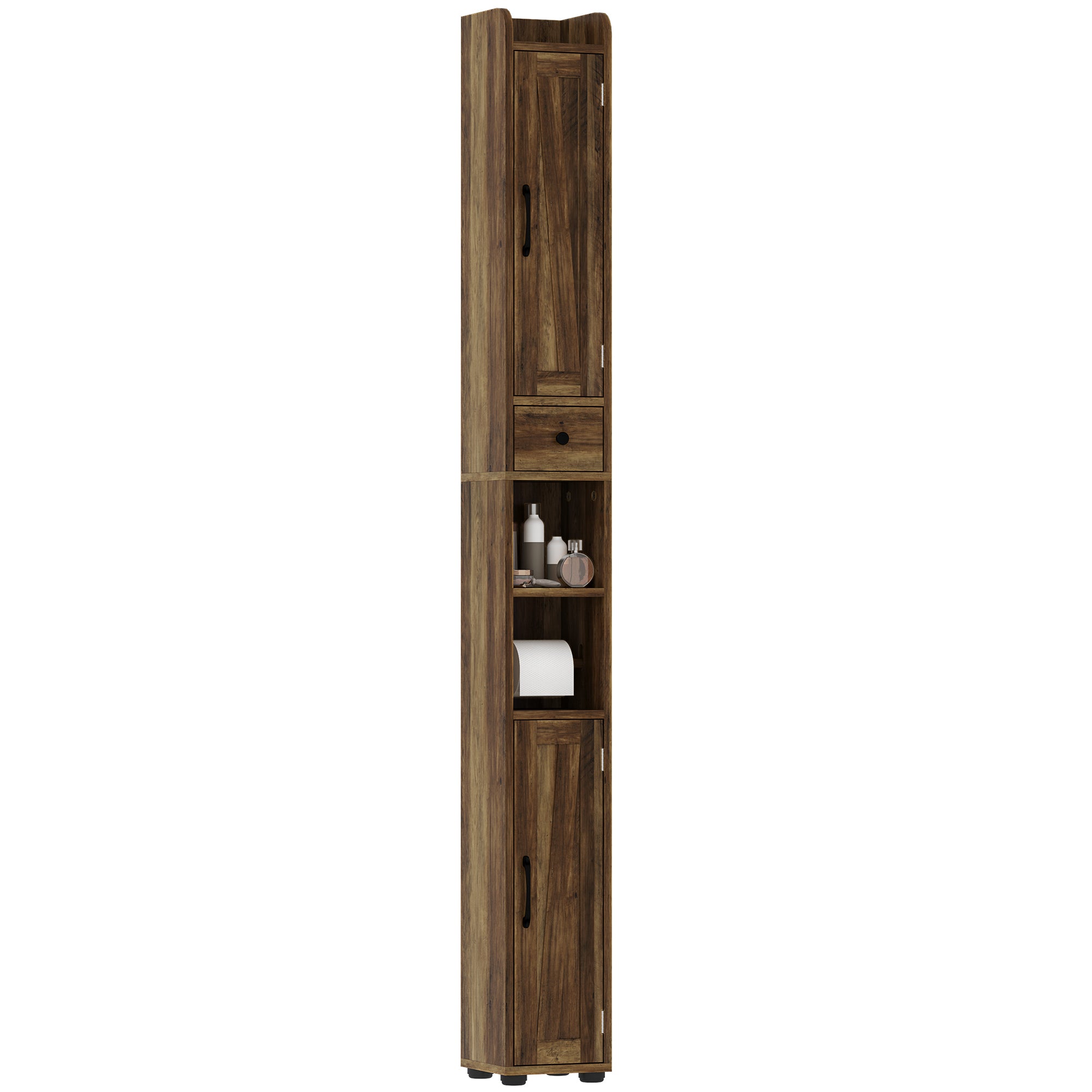Narrow Bathroom Cabinet, Tall Bathroom Storage Cabinet with Barn Doors, Drawer and Adjustable Shelves, Brown Wood Grain Bathroom Cabinets at Gallery Canada