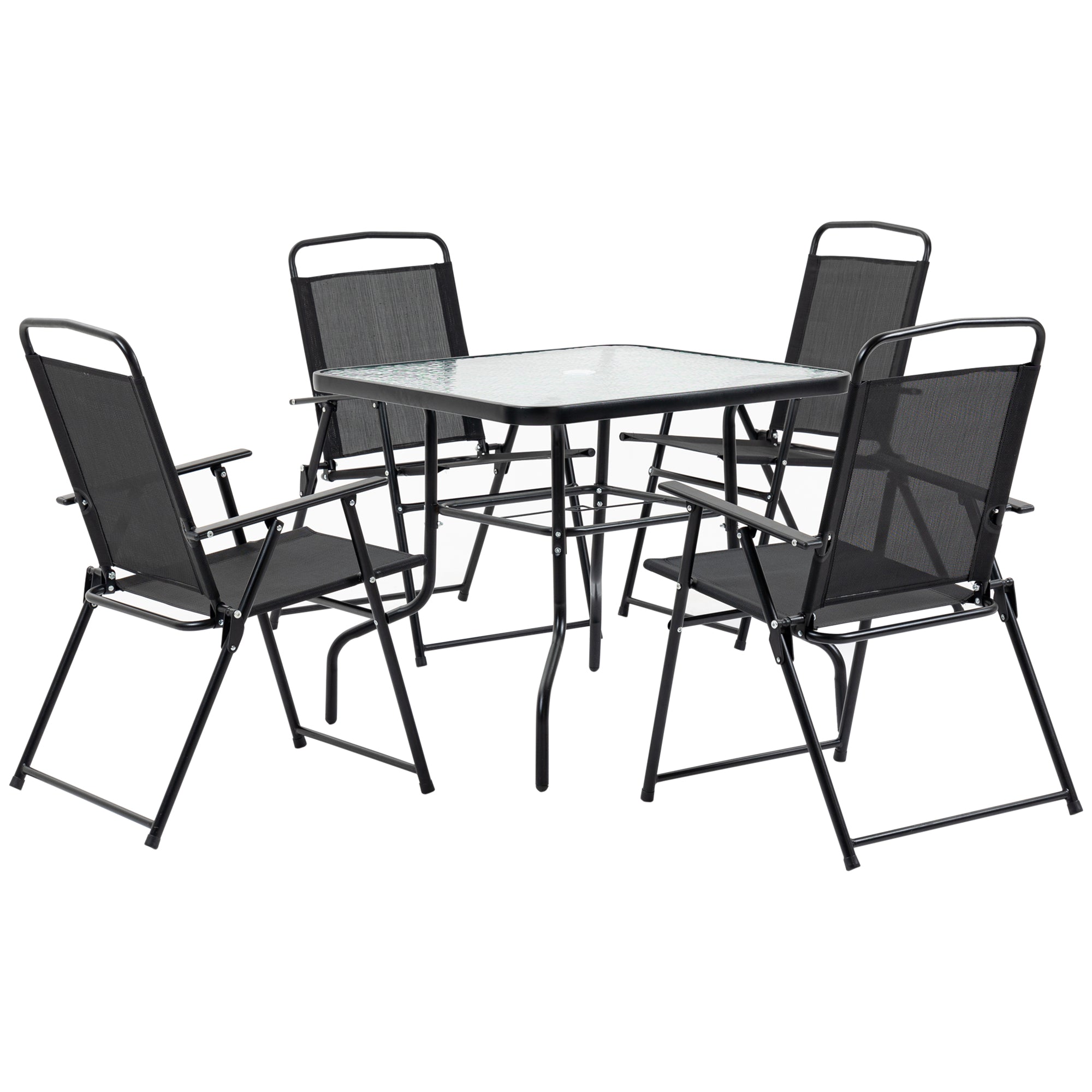 5 Pieces Patio Table and Chairs, Outdoor Dining Set with 4 Folding Chairs, Glass Tabletop and Parasol Hole, Black Outdoor Dining Sets at Gallery Canada