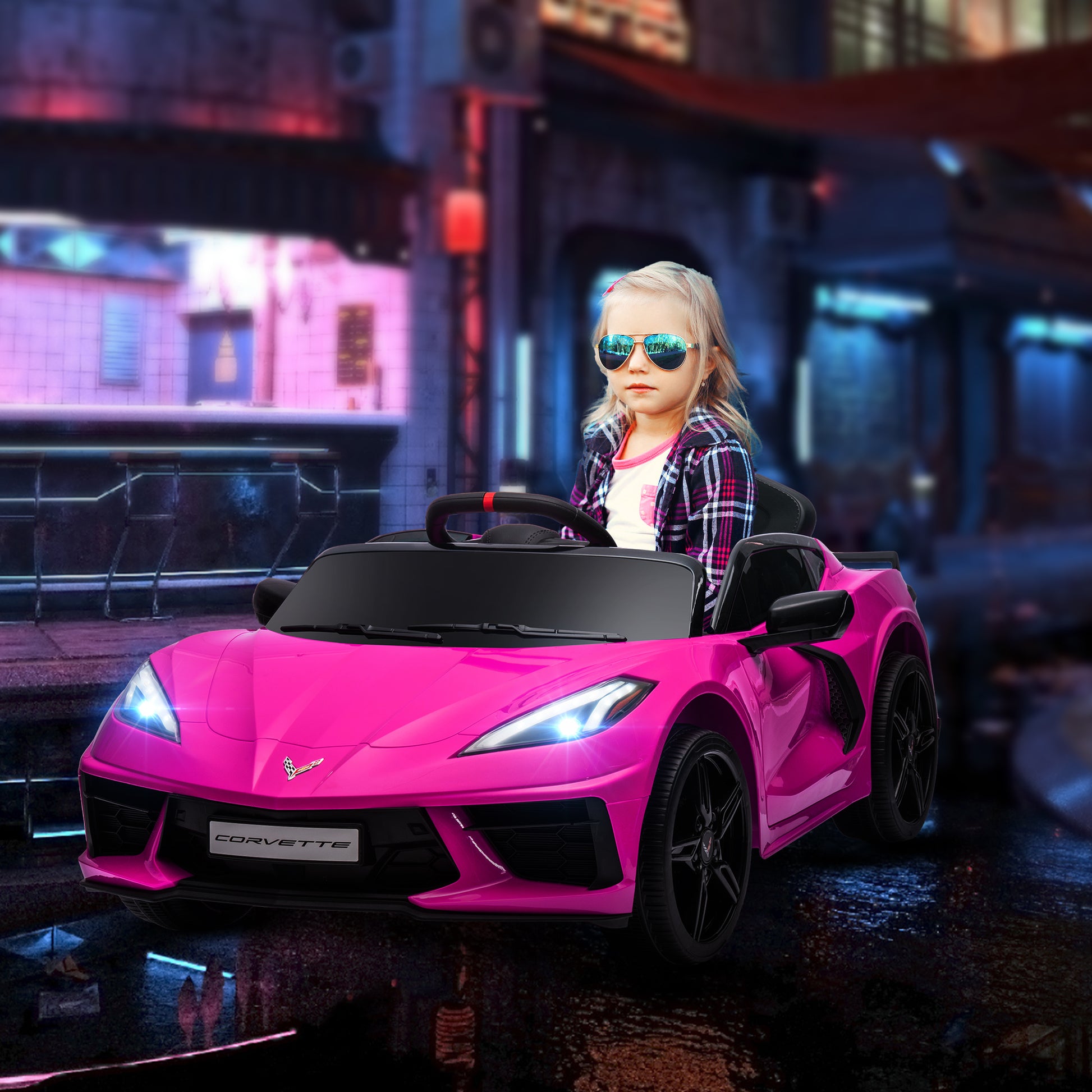 B12 Kids Electric Car Corvette Licensed w/ Remote Control, Suspension System, Music, Headlights, Slow Start, Pink Electric Toy Cars Pink  at Gallery Canada