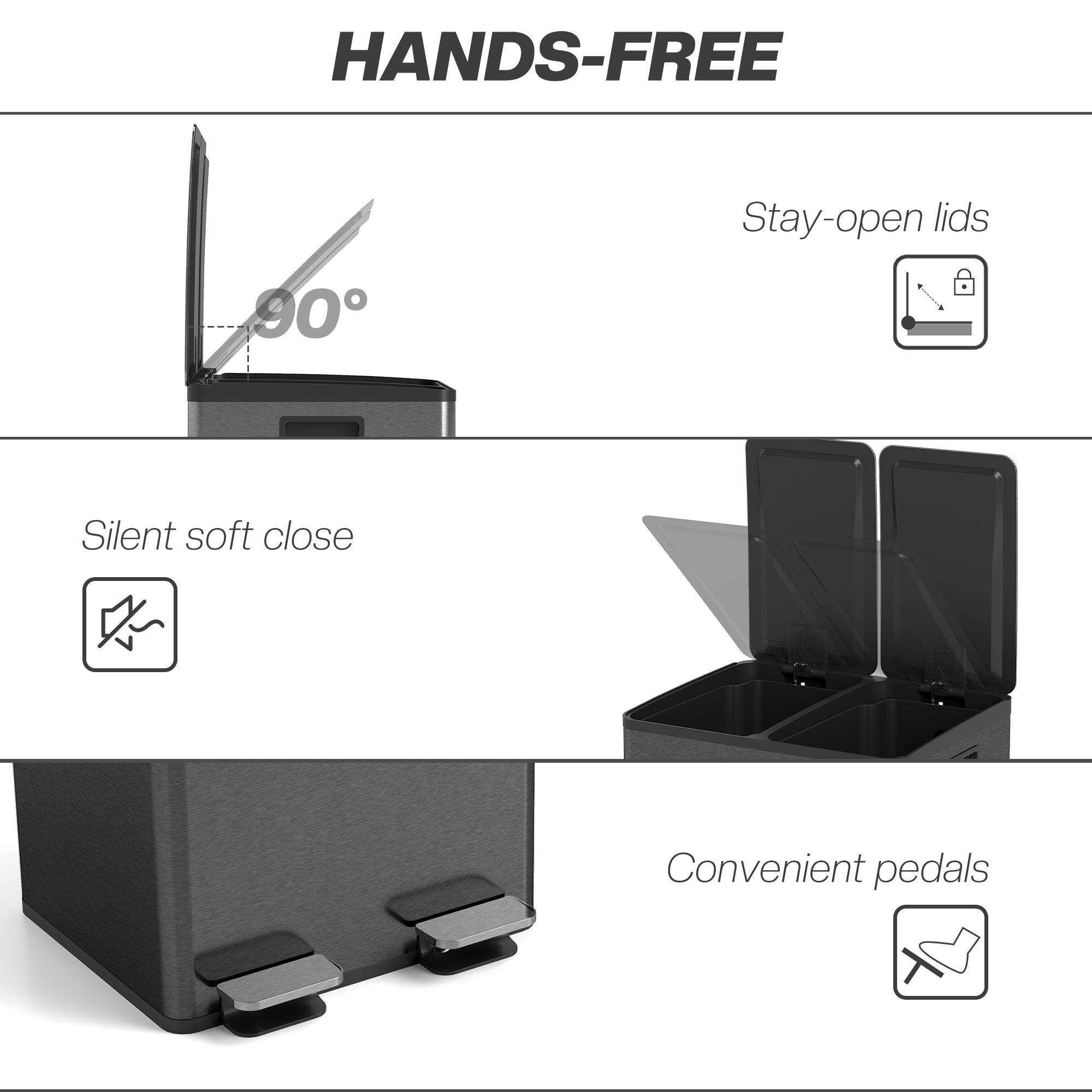 Dual Garbage Bin, Soft-Close Trash Can with Foot Pedal, 2 x 20 Liter Garbage Can with Removable Inner Buckets, Black Household Supplies at Gallery Canada