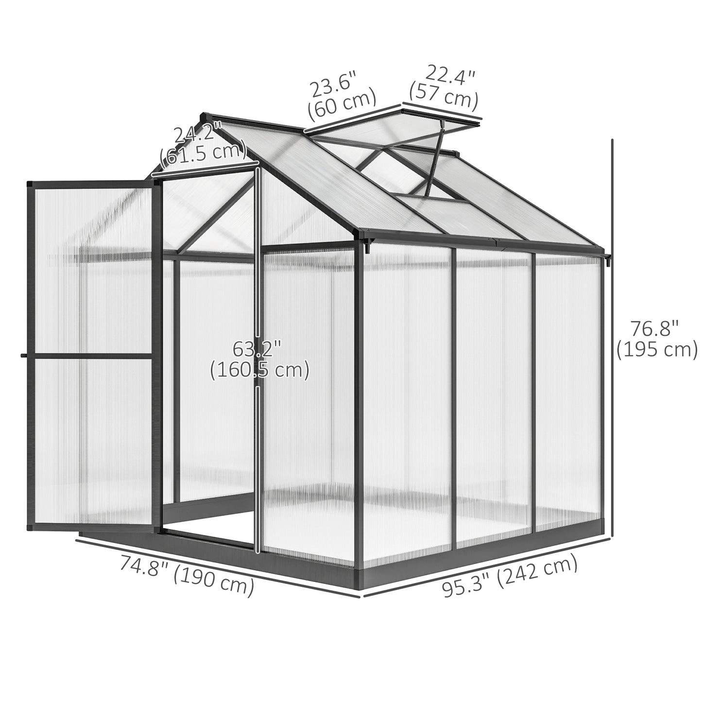 8' x 6' x 6.4' Walk-in Garden Greenhouse Polycarbonate Panels Plants Flower Growth Shed Cold Frame Outdoor Portable Warm House Aluminum Frame, Charcoal Grey Walk In Greenhouses   at Gallery Canada