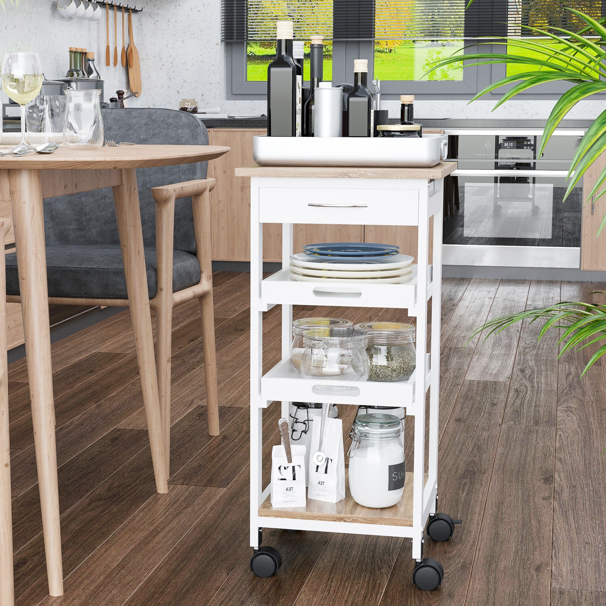 Bar Cart, 4-Tier Kitchen Cart with Removable Serving Tray, Kitchen Shelves on Wheels with Drawer for Dining Room, Living Room, White Kitchen Islands & Kitchen Carts at Gallery Canada