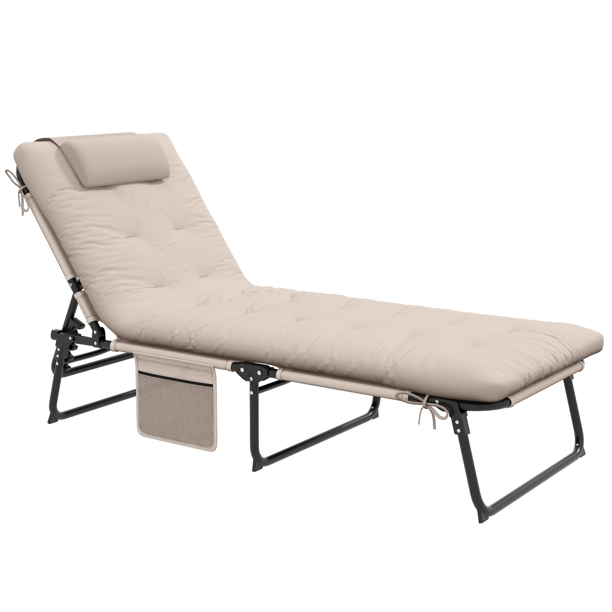 Folding Outdoor Lounge - Tanning Chair with 4-level Reclining Back, with Cushion, Breathable Mesh, Headrest, Beige Lounger Chairs   at Gallery Canada