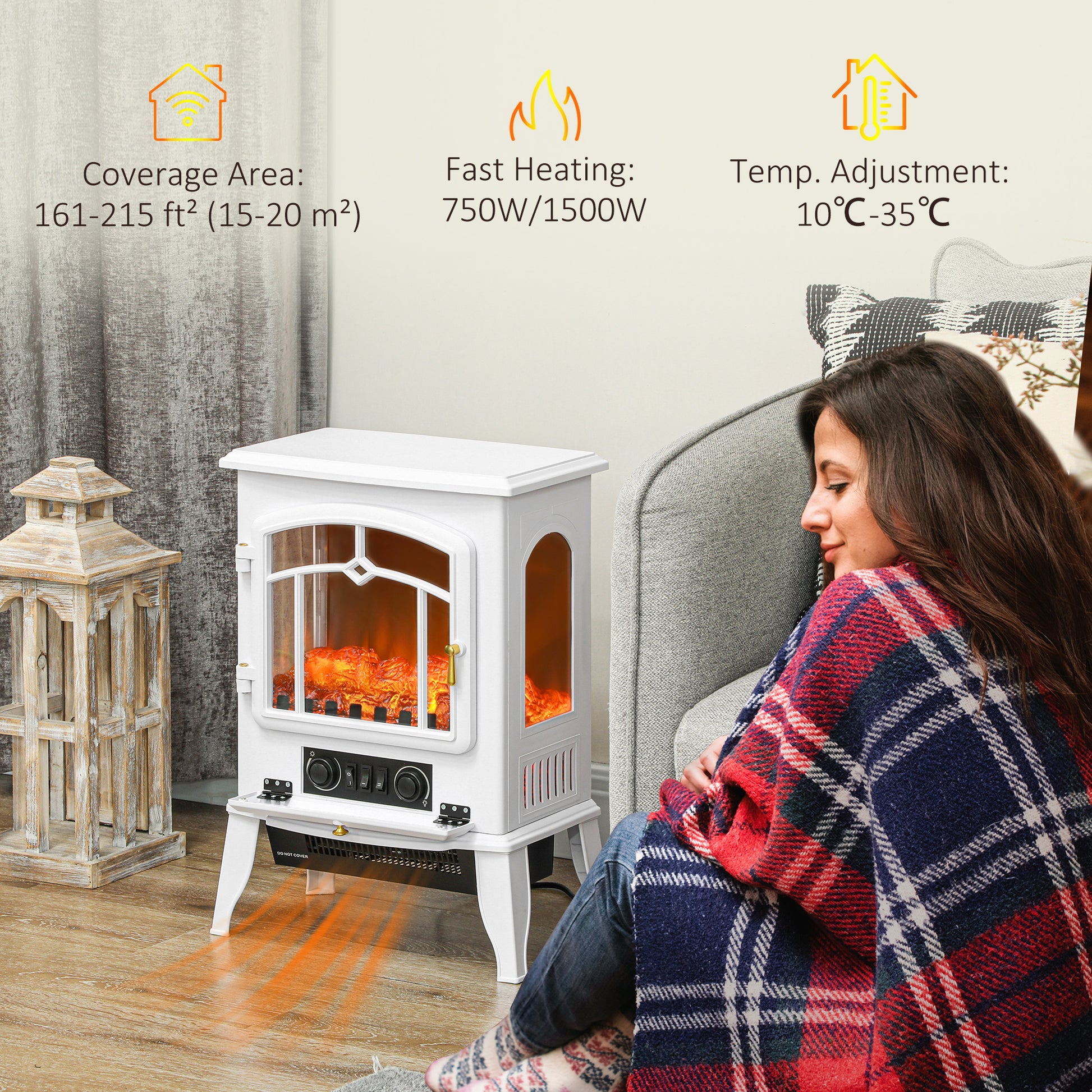 22" Electric Fireplace Stove, 1500W Freestanding Fireplace Heater with Adjustable Temperature, White Electric Fireplaces   at Gallery Canada