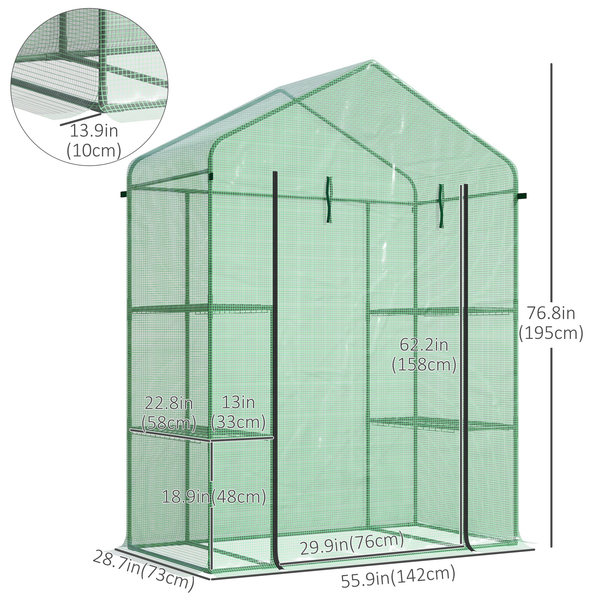 3-Tier Mini Greenhouse, Walk-in Greenhouse, Garden Hot House with 4 Shelves, Roll-Up Door and Weatherized Cover, 56