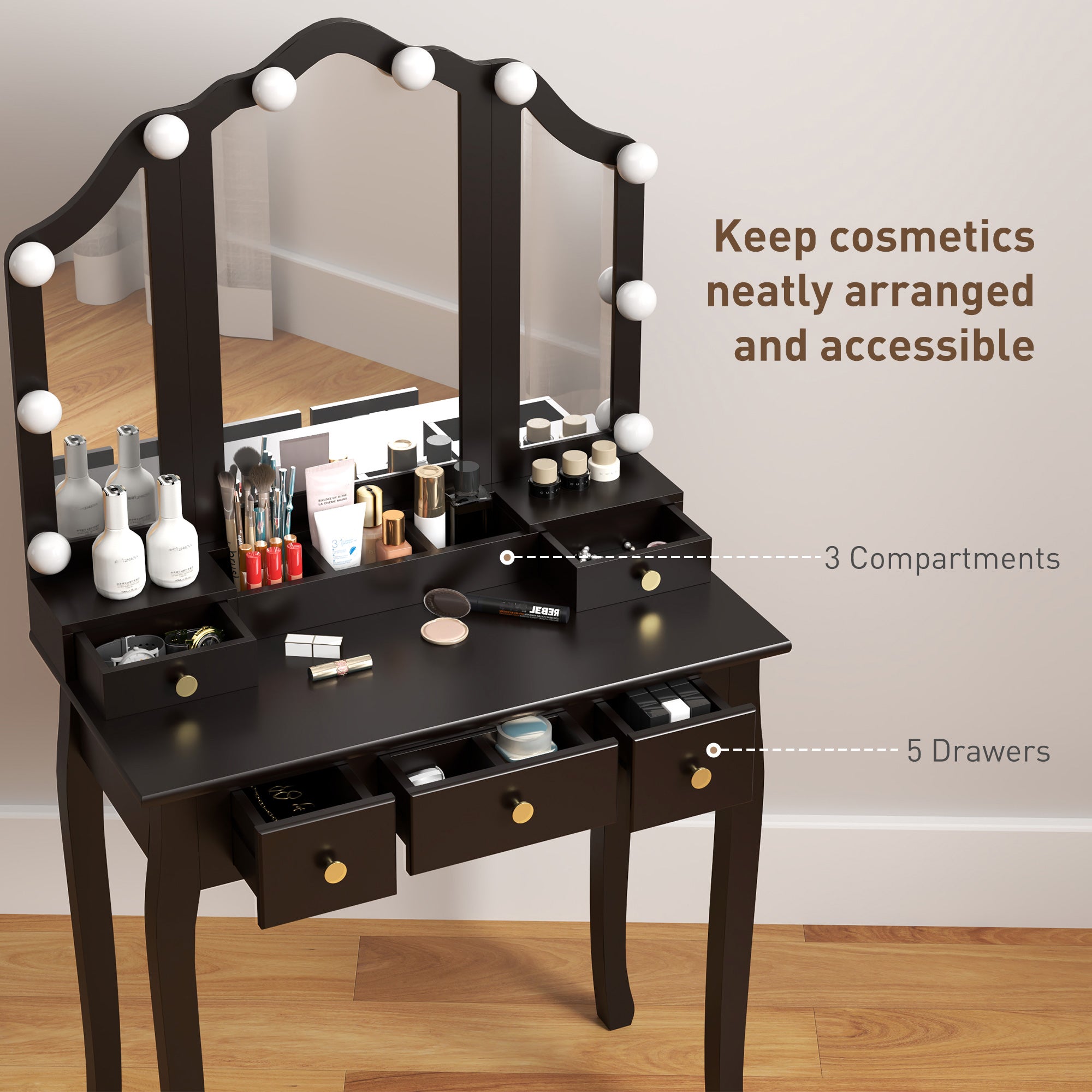Makeup Vanity Desk with Mirror and Stool, Vanity Set with 10 LED Lights, 5 Drawers and 3 Compartments, Black Dressing & Vanity Tables at Gallery Canada