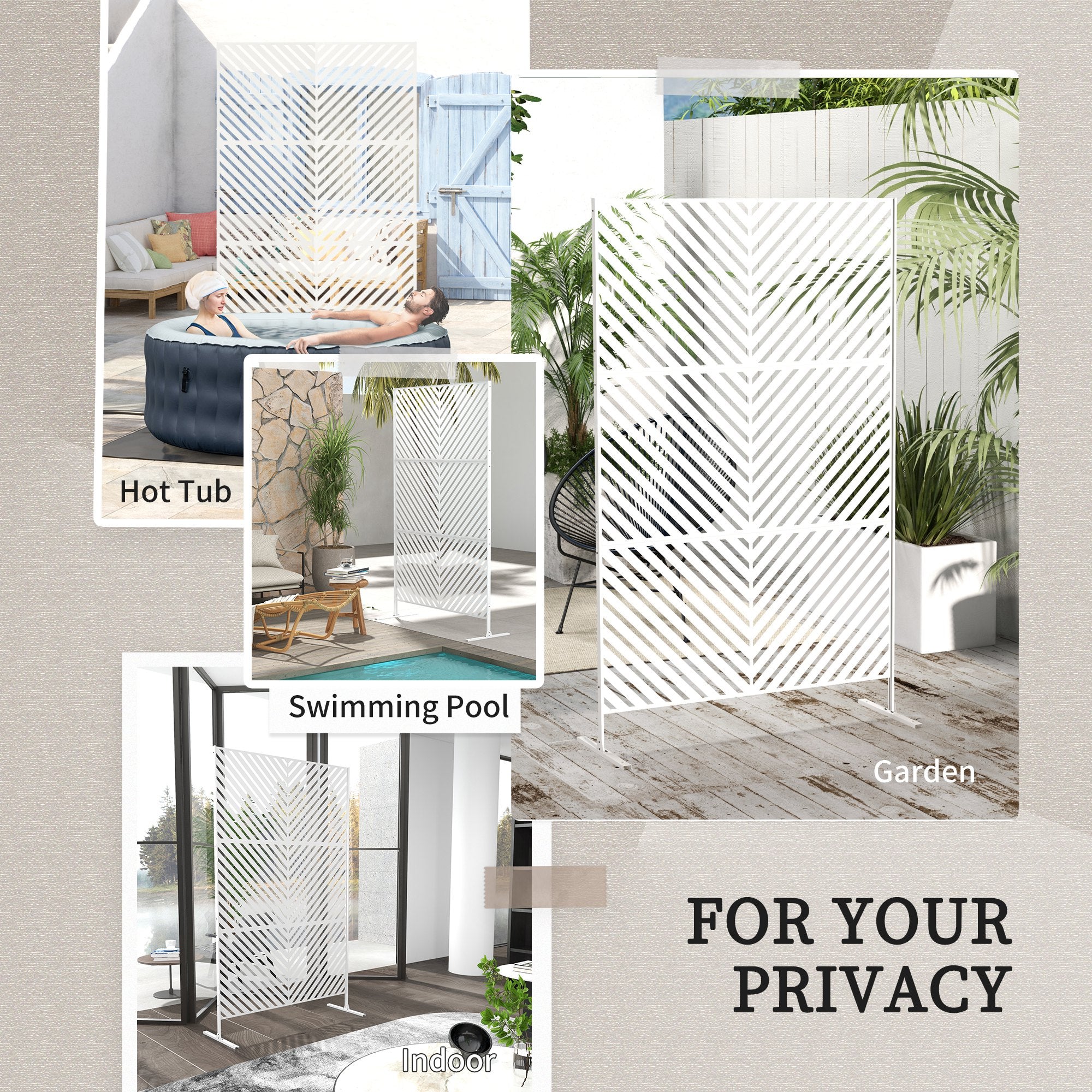 6.5FT Decorative Outdoor Divider, Metal Privacy Screen with Stand, Triangle Style, White Side Awnings at Gallery Canada