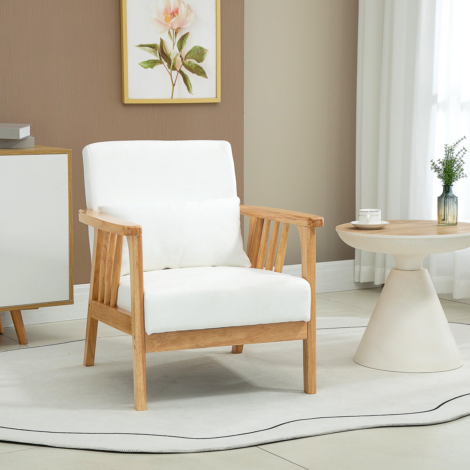 Armchair Upholstered Lounge Chair with Rubber Wood Frame Throw Pillows and Comfortable Cushion, White Accent Chairs   at Gallery Canada