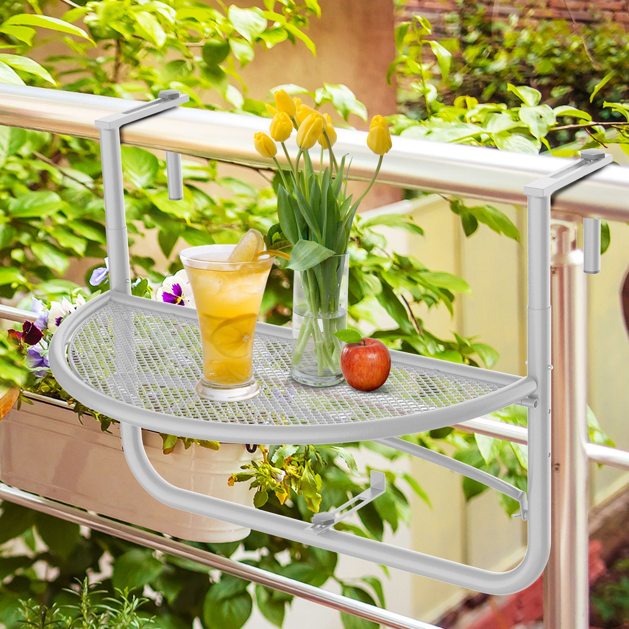 Adjustable Balcony Hanging Railing Table, Metal Mounting Mini Wall Desk Storage Rack, Outdoor Flower Stand Serving Table Half Round, White Balcony Table Hanging at Gallery Canada
