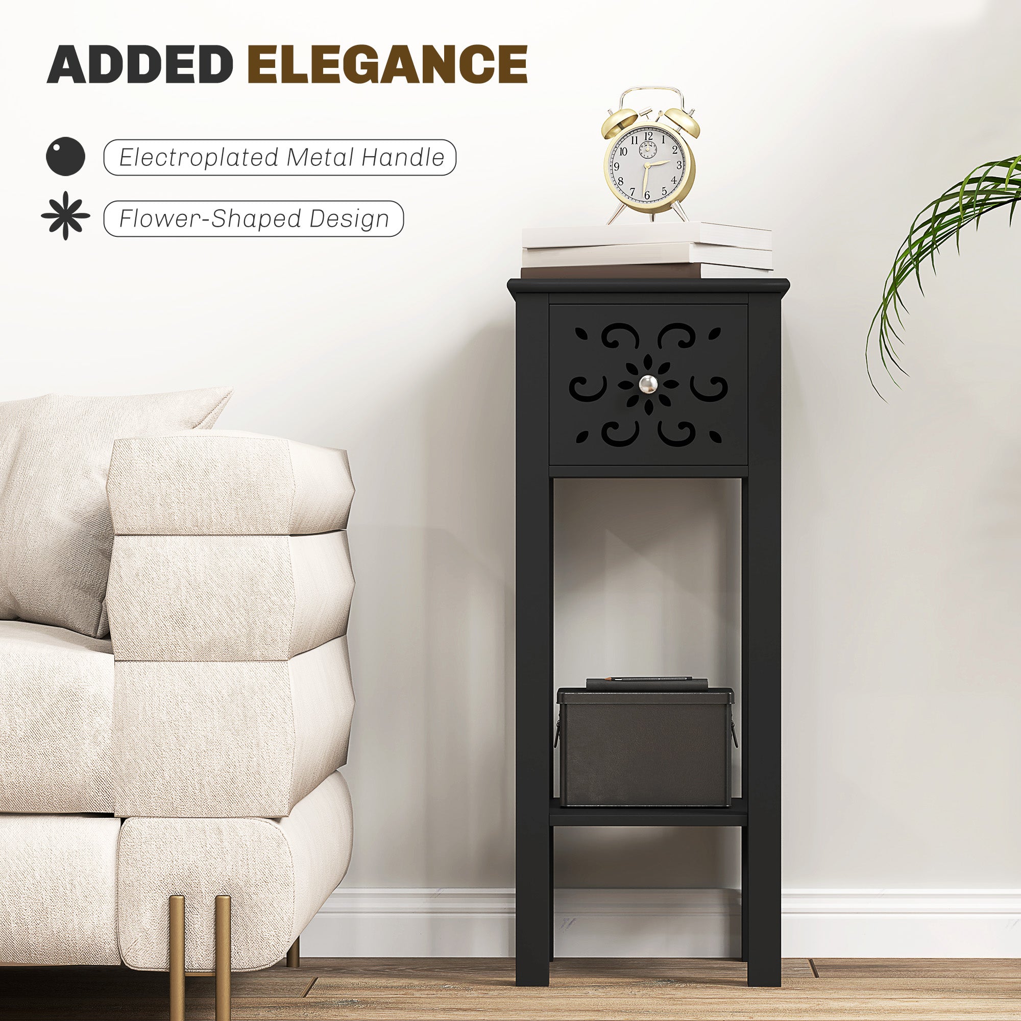 Nightstand Set of 2 with Drawer and Open Storage Shelf Black Side Tables at Gallery Canada