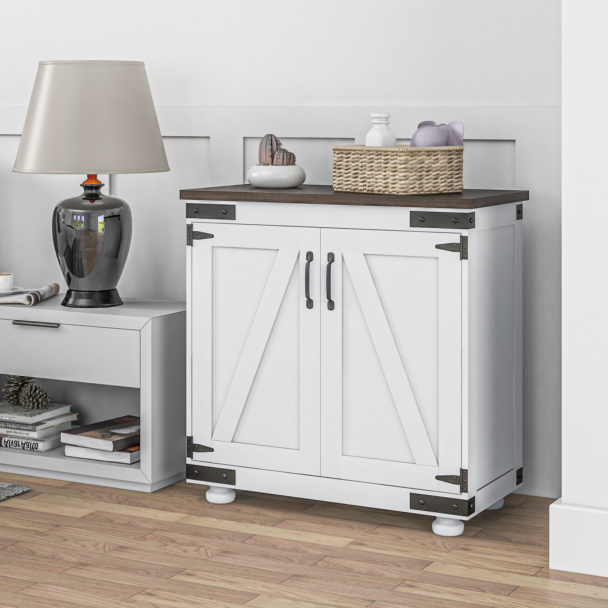 Sideboard Buffet, Kitchen Storage Cabinet with Barn Door and Adjustable Shelves, White and Brown Storage Cabinets   at Gallery Canada