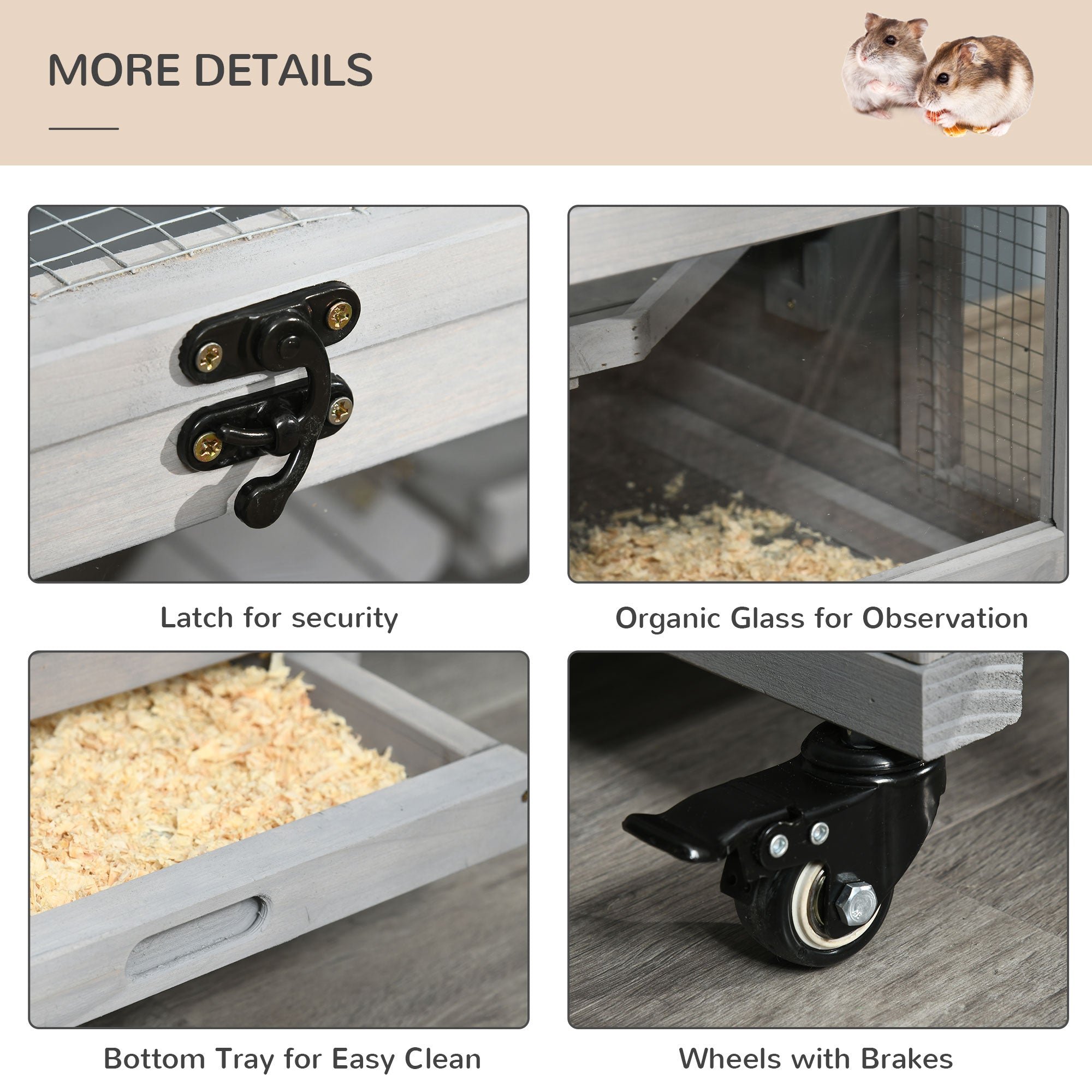 3 Tier Wooden Hamster Cage with Wheels for Dwarf Hamster, Light Grey Hamster Cages at Gallery Canada