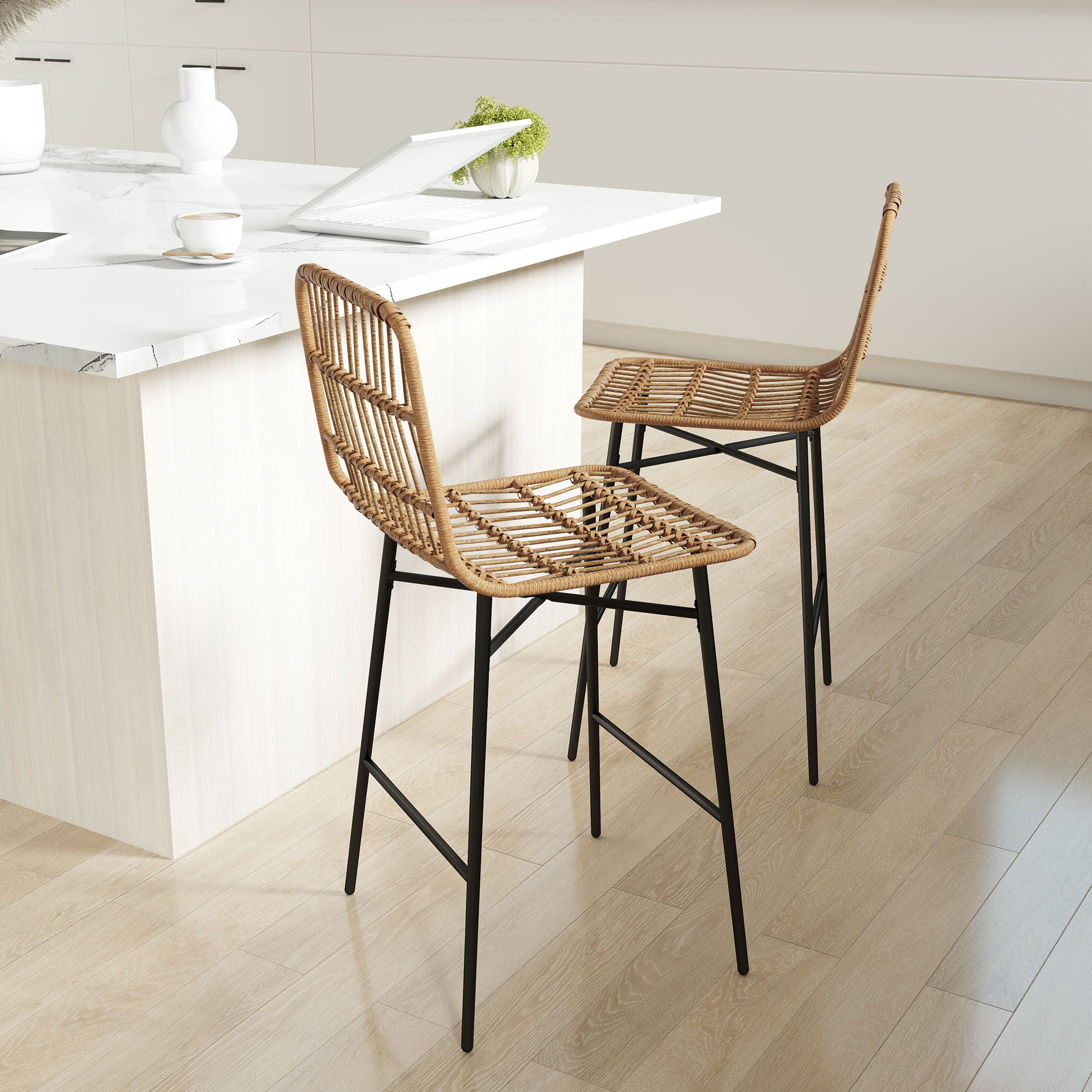 Rattan Counter Height Bar Stools Set of 2, 26