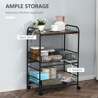 Rolling Kitchen Cart, 3-Tier Utility Storage Cart with 2 Basket Drawers &; Side Hooks, Lockable Casters for Dining Room Kitchen Islands & Kitchen Carts   at Gallery Canada