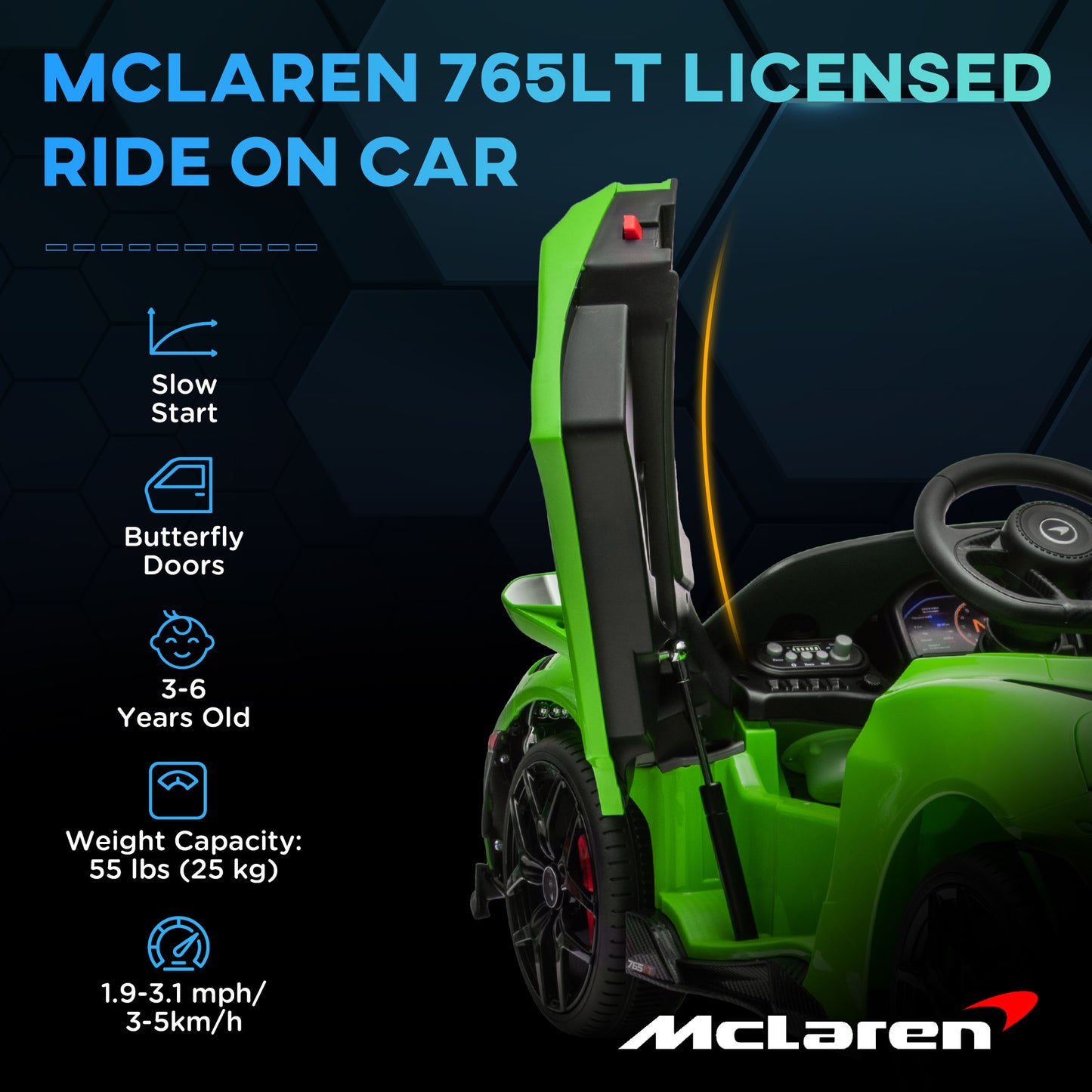 McLaren 765LT Licensed 12V Kids Electric Car w/ Scissor Doors, Training Wheels, Remote, Slow Start, Music Horn Green Electric Toy Cars   at Gallery Canada