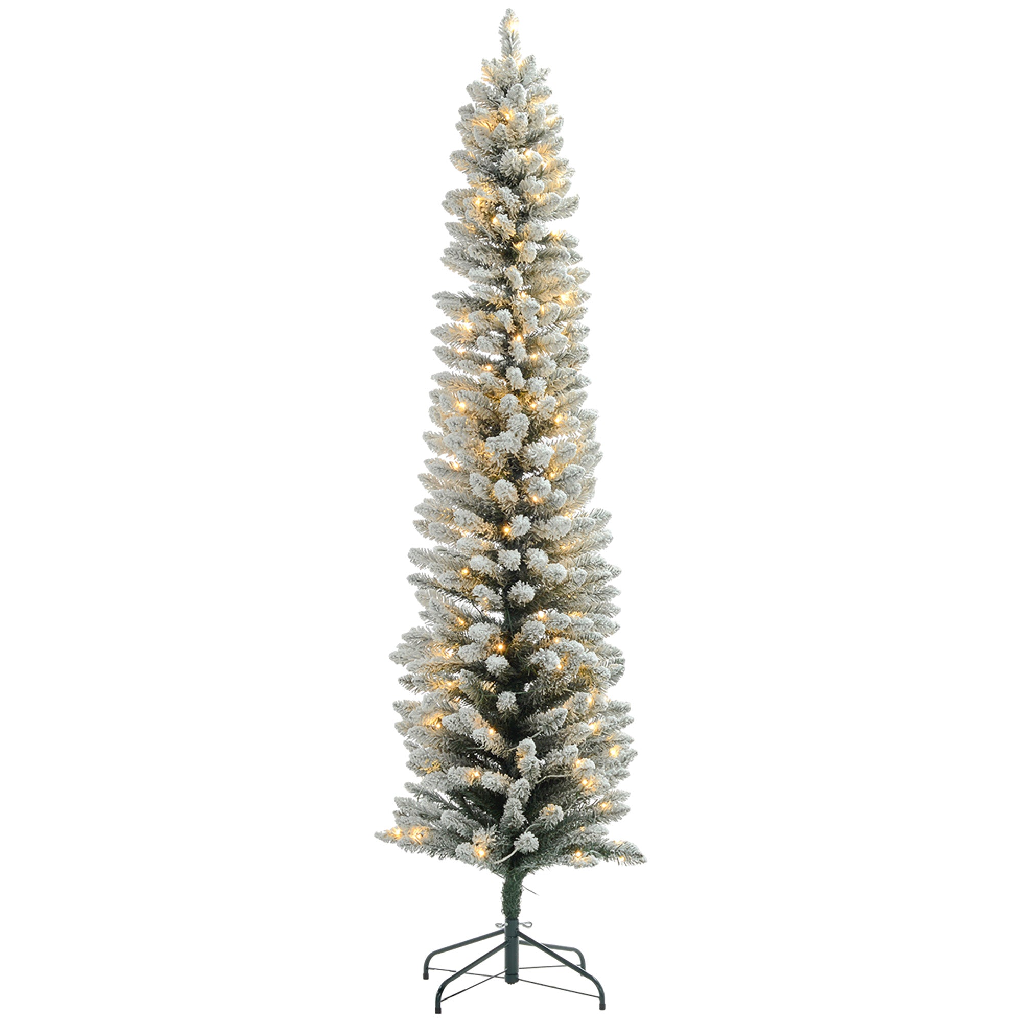 7ft Artificial Prelit Christmas Tree with Warm White LED Light, Snow Flocked Branches, Metal Base, Pencil Xmas Tree Pre Lit Christmas Trees   at Gallery Canada