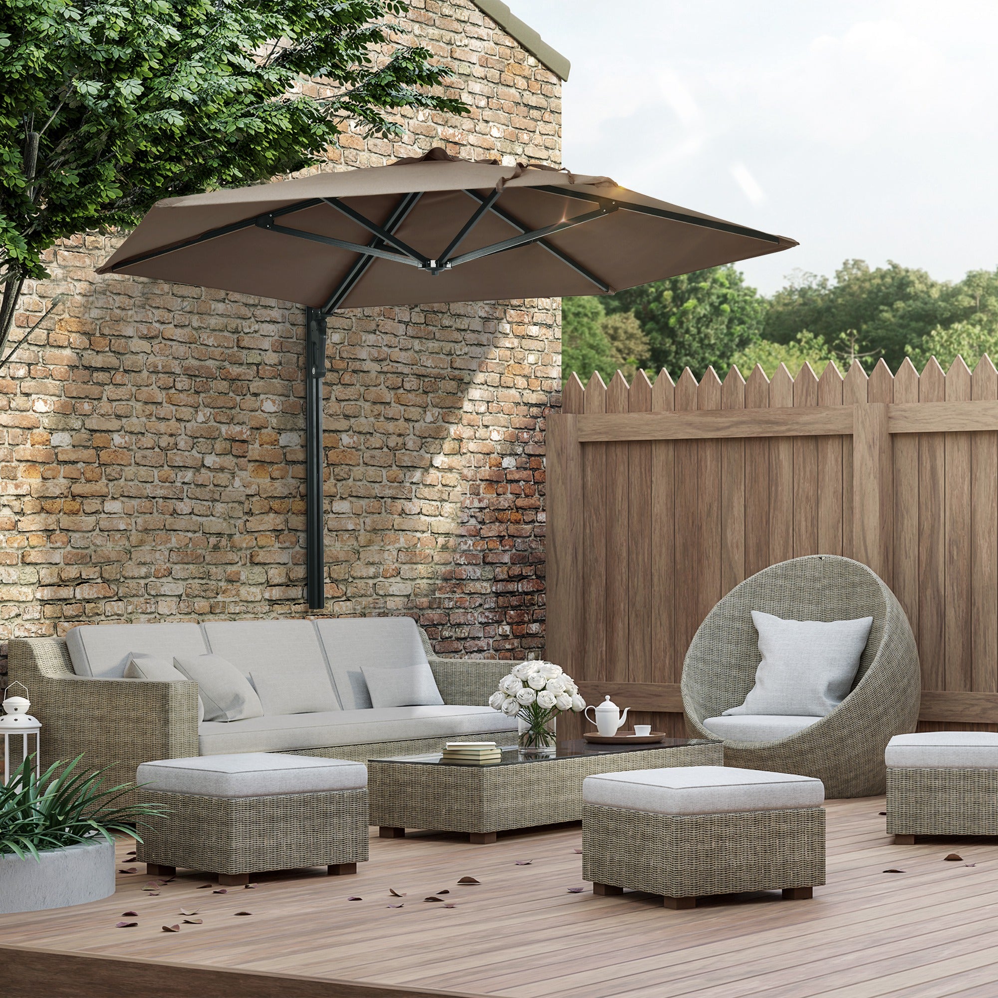 8 ft Wall Mounted Umbrella with 180° Rotatable Canopy, Patio Wall Parasol for Outdoor, Garden, Balcony, Yard, Khaki Sun Umbrellas at Gallery Canada