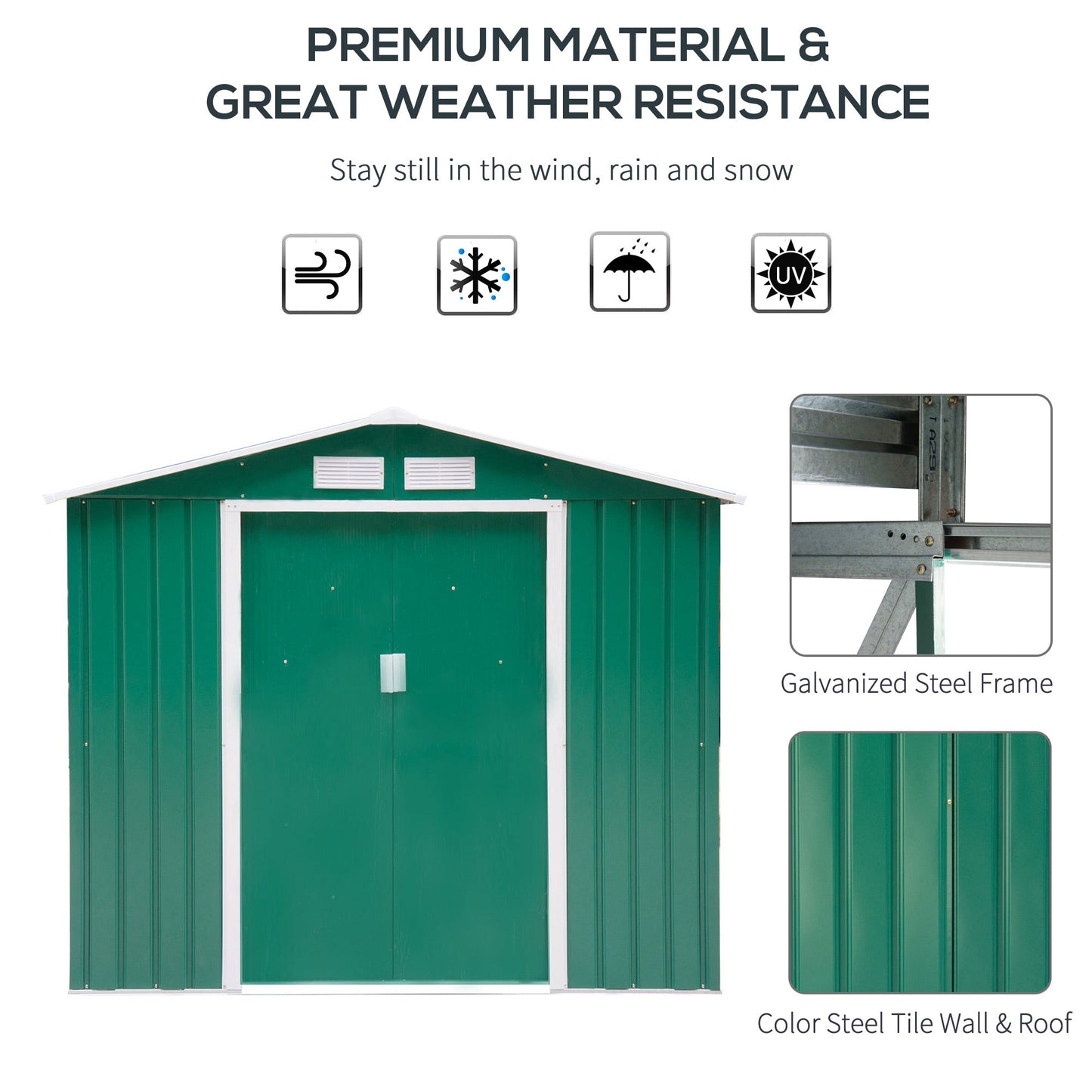 7' x 4.3' x 6.1' Garden Shed Outdoor Patio Yard Metal Tool Storage House w/ Floor Foundation and Double Doors Green Sheds   at Gallery Canada