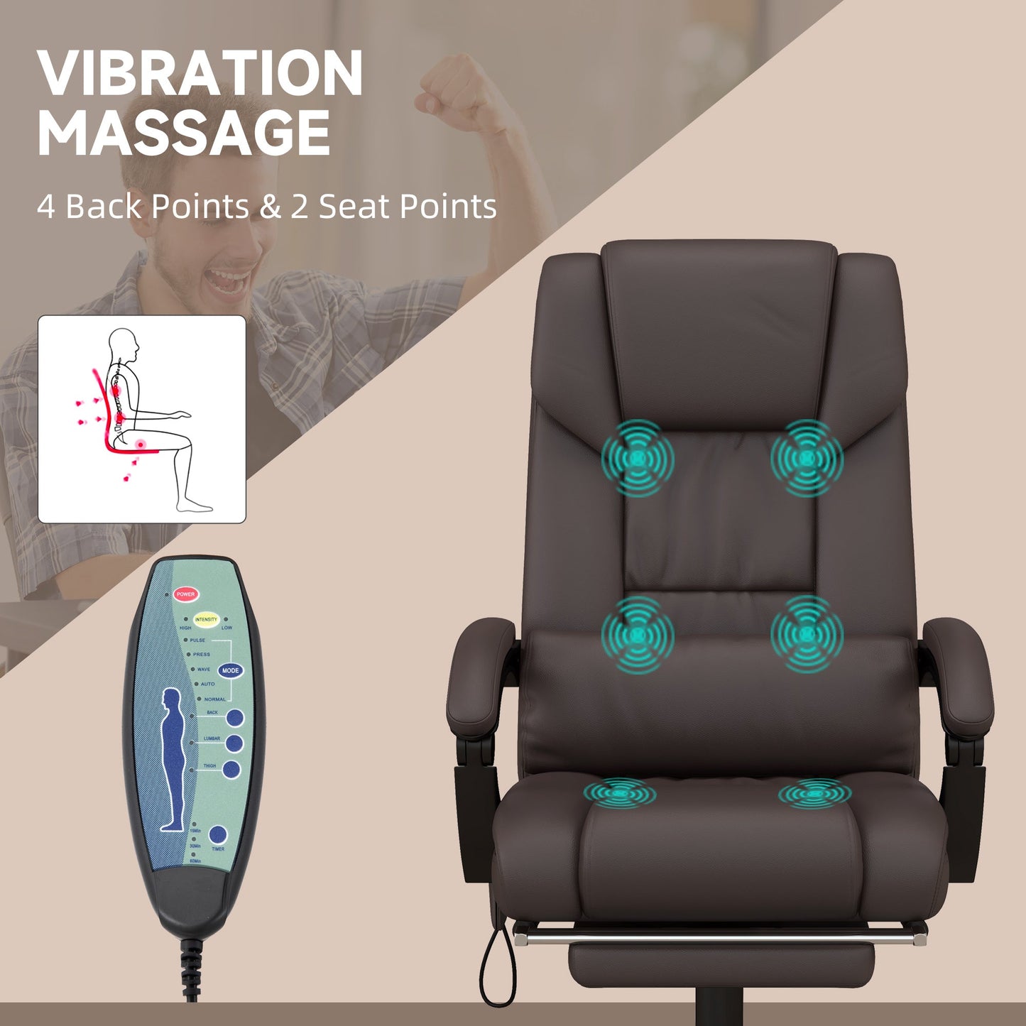 6-Point Vibration Massage Chair, Height Adjustable Reclining Computer Chair with Retractable Footrest, Brown Executive & Manager Chairs   at Gallery Canada