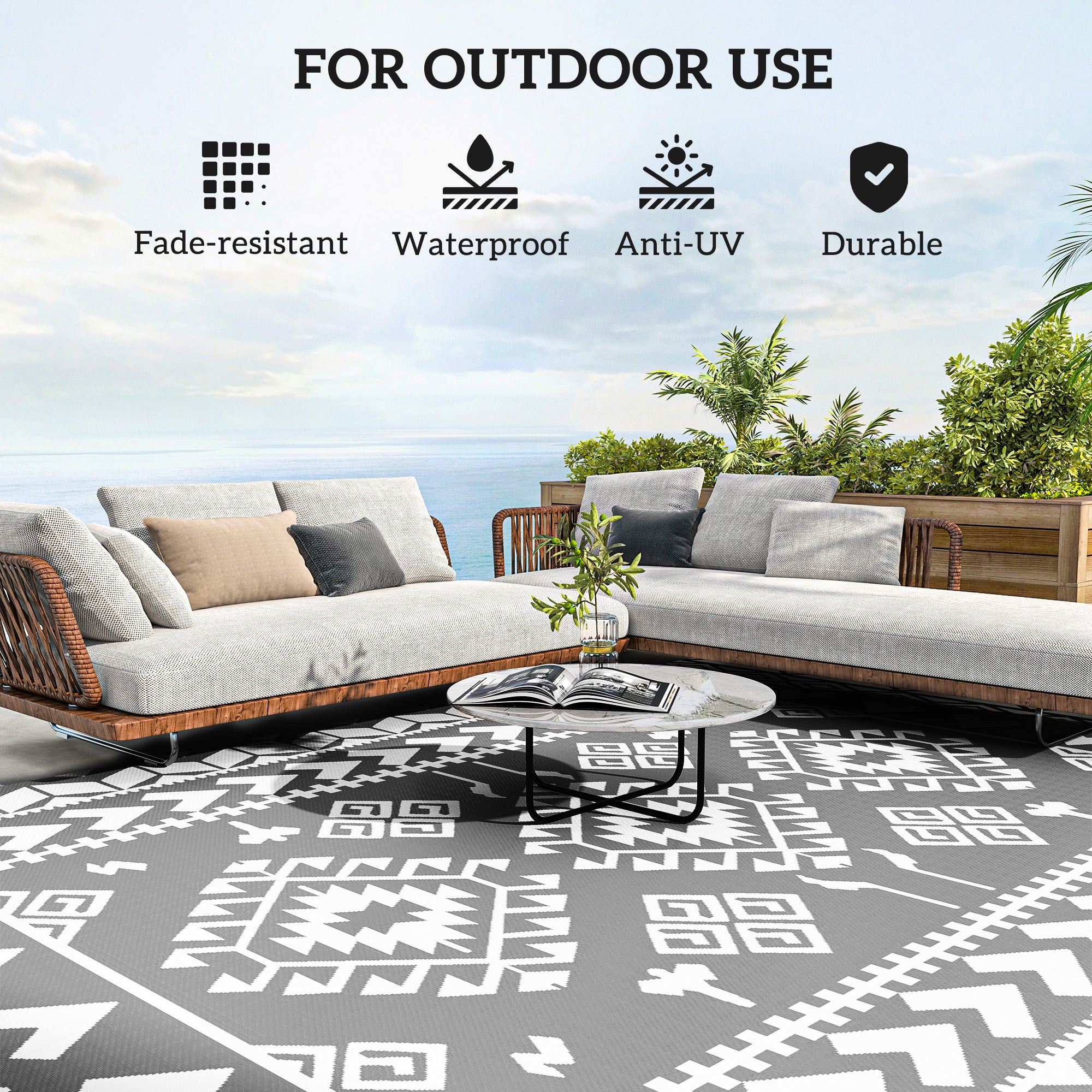 9' x 12' Outdoor RV Rug, Reversible Patio Floor Mat with Carry Bag, Rhombus Patchwork, Grey and White Garden Decor at Gallery Canada