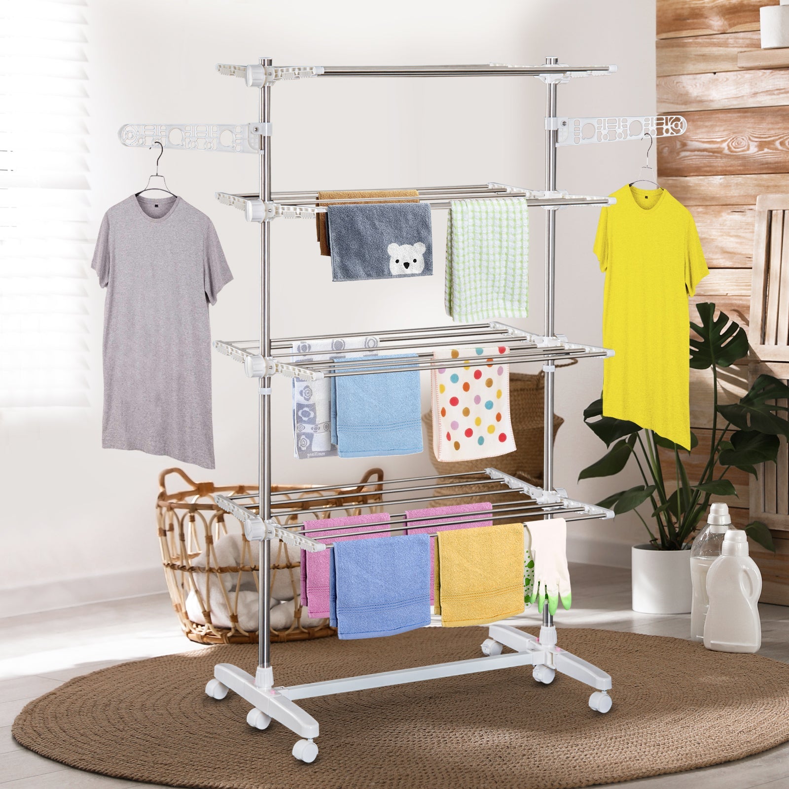 4 Layers Folding Clothes Hanger Stand Dryer Storage Towel Rack Rolling White Bath Accessories   at Gallery Canada