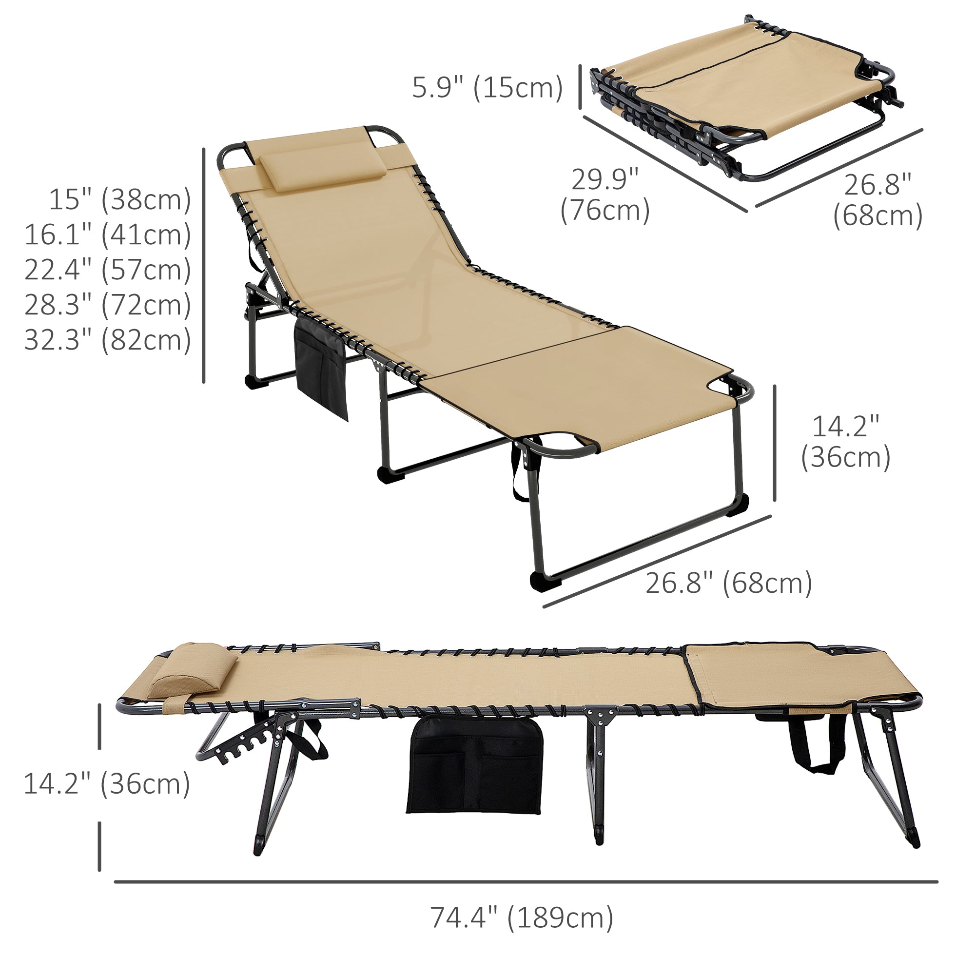 5-Level Reclining Folding Chaise Lounge with Reading Hole and Side Pocket, Beige Lounger Chairs   at Gallery Canada