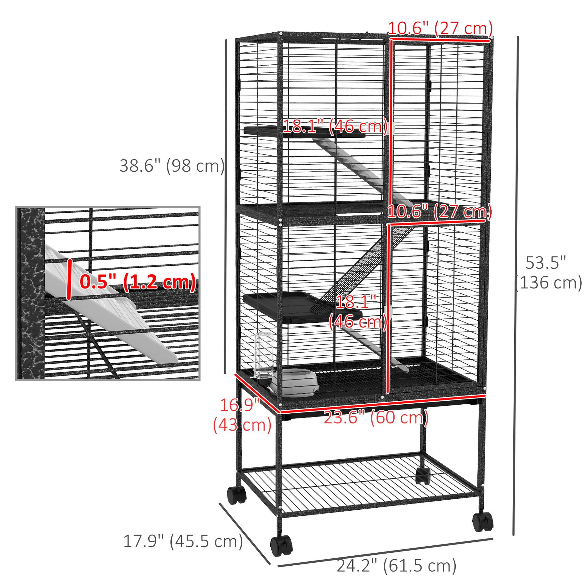 Rolling Small Animal Cage 53.5"H Chinchilla Cage for Ferrets, Squirrels w/ Removable Tray, Storage Shelf, Dark Grey Houses & Habitats   at Gallery Canada