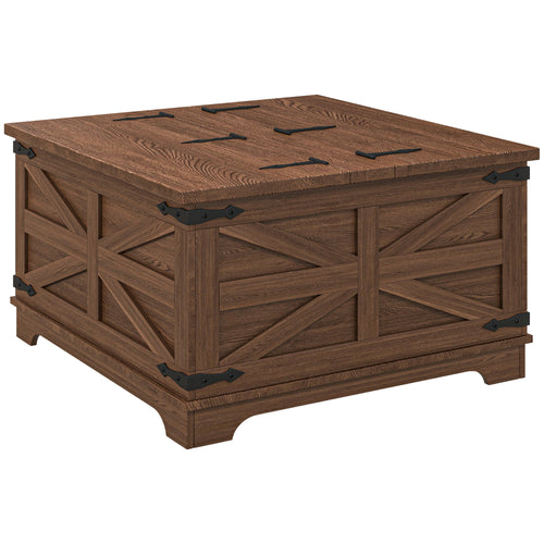 Farmhouse Coffee Table, Square Center Table with Flip-top Lids, Hidden Storage Compartment, Brown
