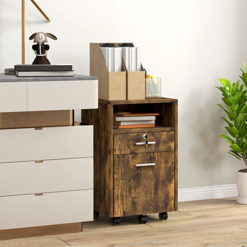 Small Filing Cabinet with 2 Drawers, Lockable Home Office Storage Cabinets on Wheels for A4, Letter Size, Rustic Brown