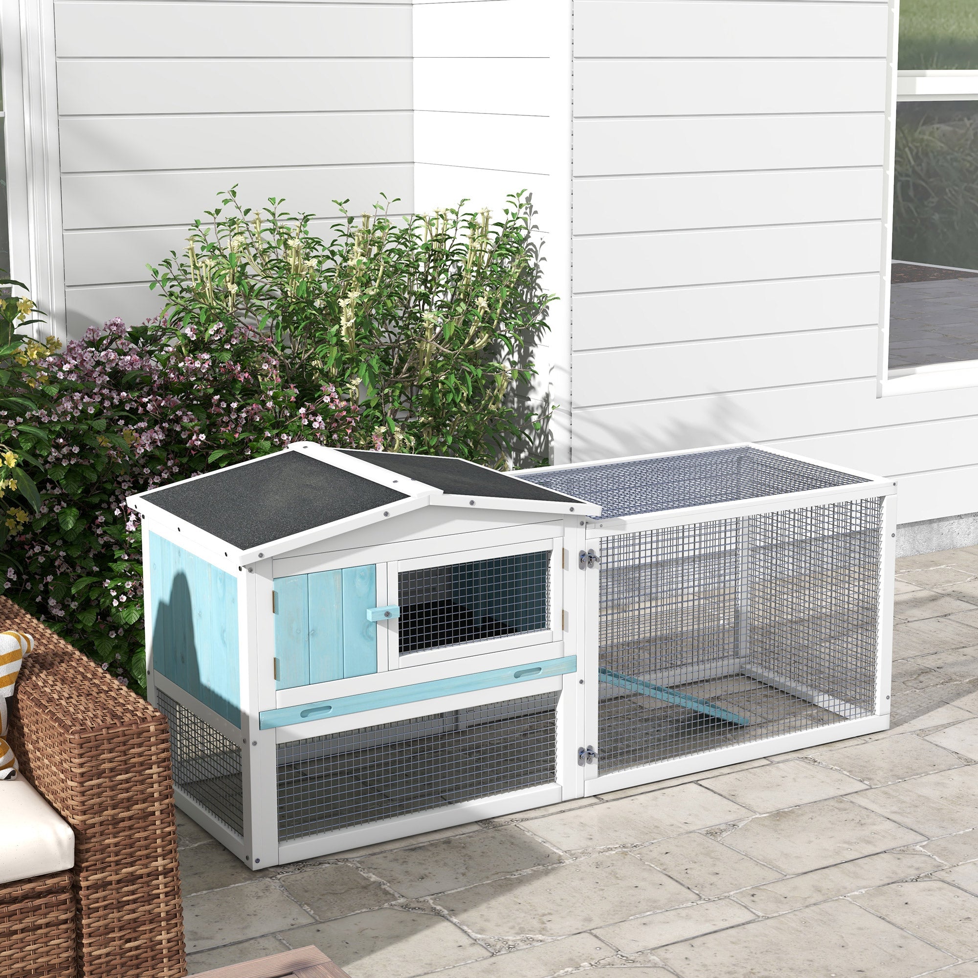 Wooden Rabbit Hutch Guinea Pig House with Removable Tray, Openable Roof, Trough, Run for Tortoises and Ferrets, Blue Rabbit Hutch   at Gallery Canada