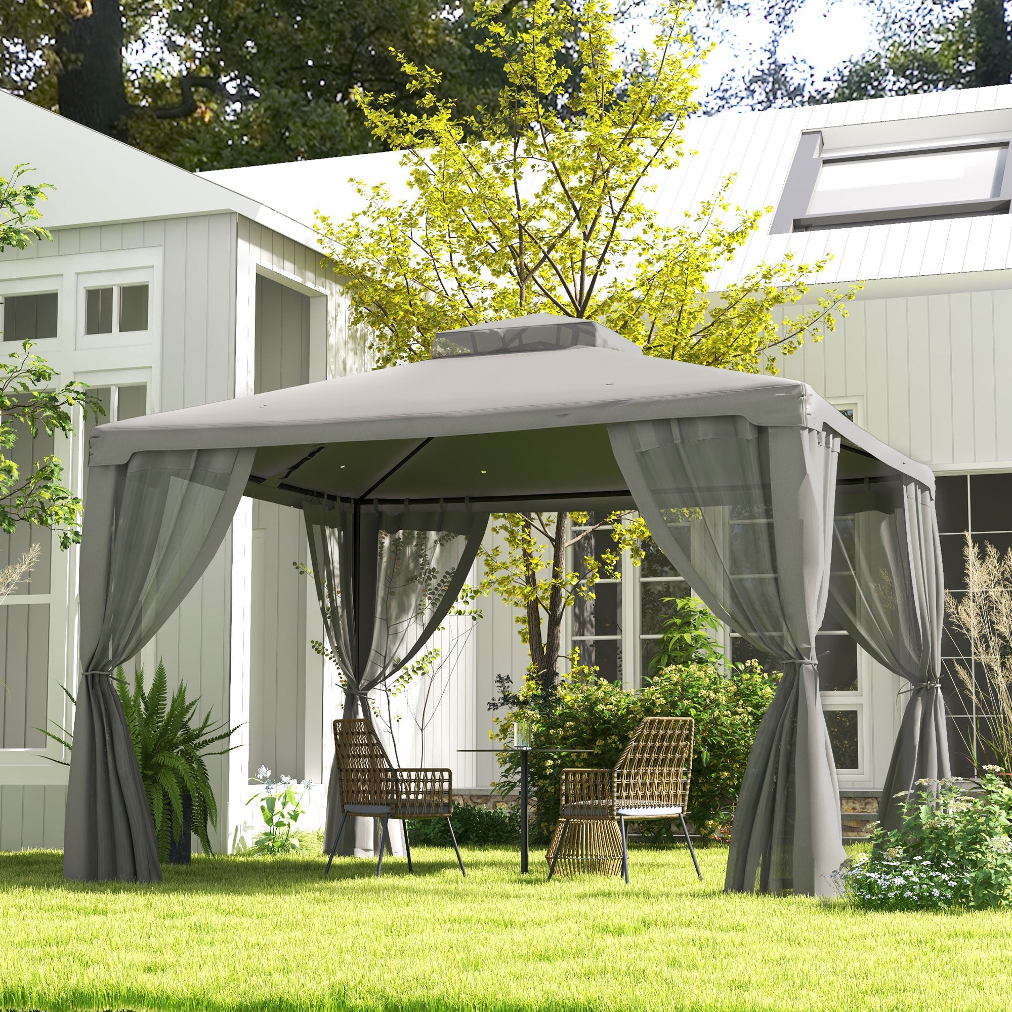 12' x 10' Patio Gazebo Outdoor Pavilion 2 Tire Roof Canopy Shelter Garden, Steel Frame w/ Mosquito Netting, Light Grey Gazebos at Gallery Canada