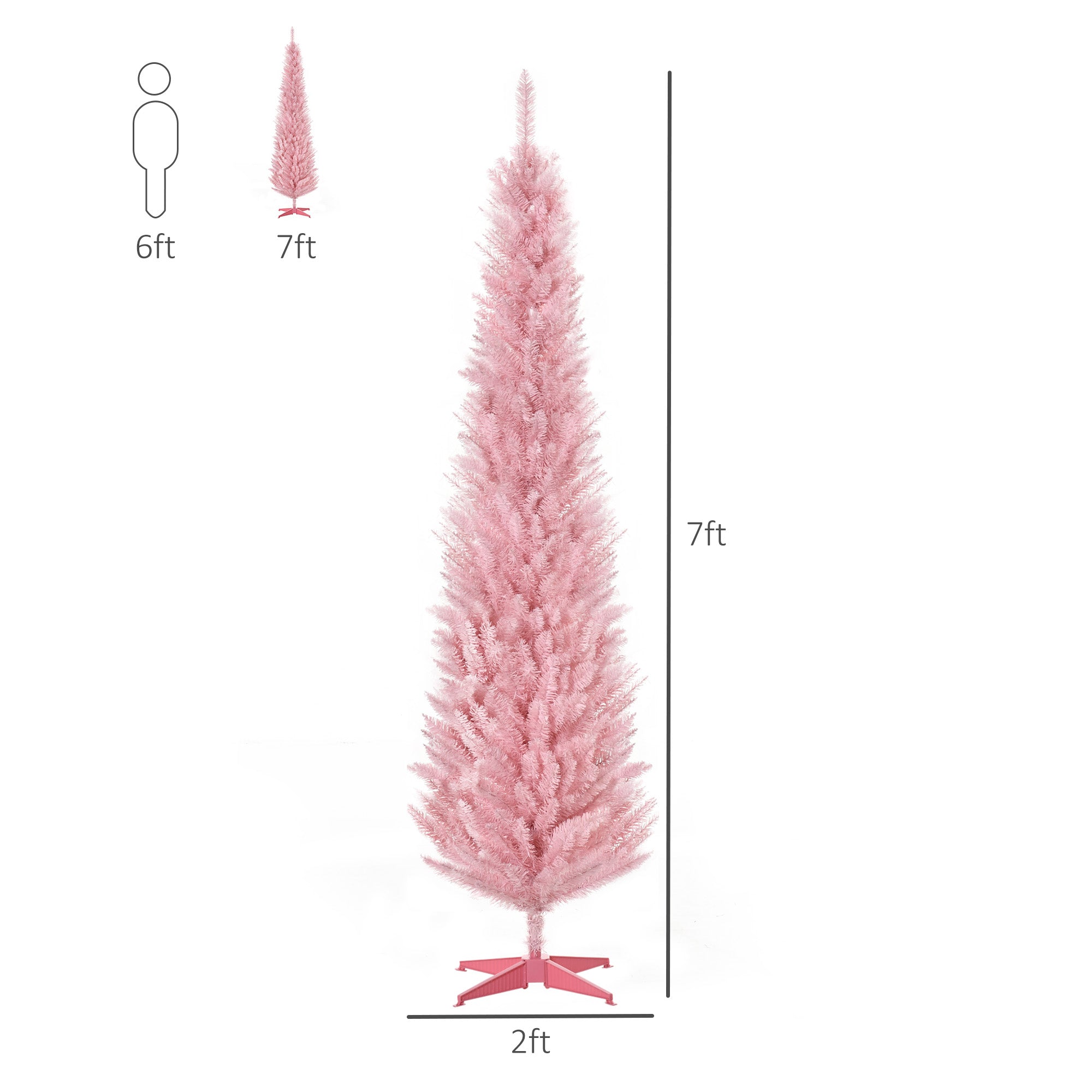 7' Pencil Christmas Tree, Slim Artificial Xmas Tree with Realistic Branches, Sturdy Metal Stand, Pink Pencil Christmas Trees   at Gallery Canada