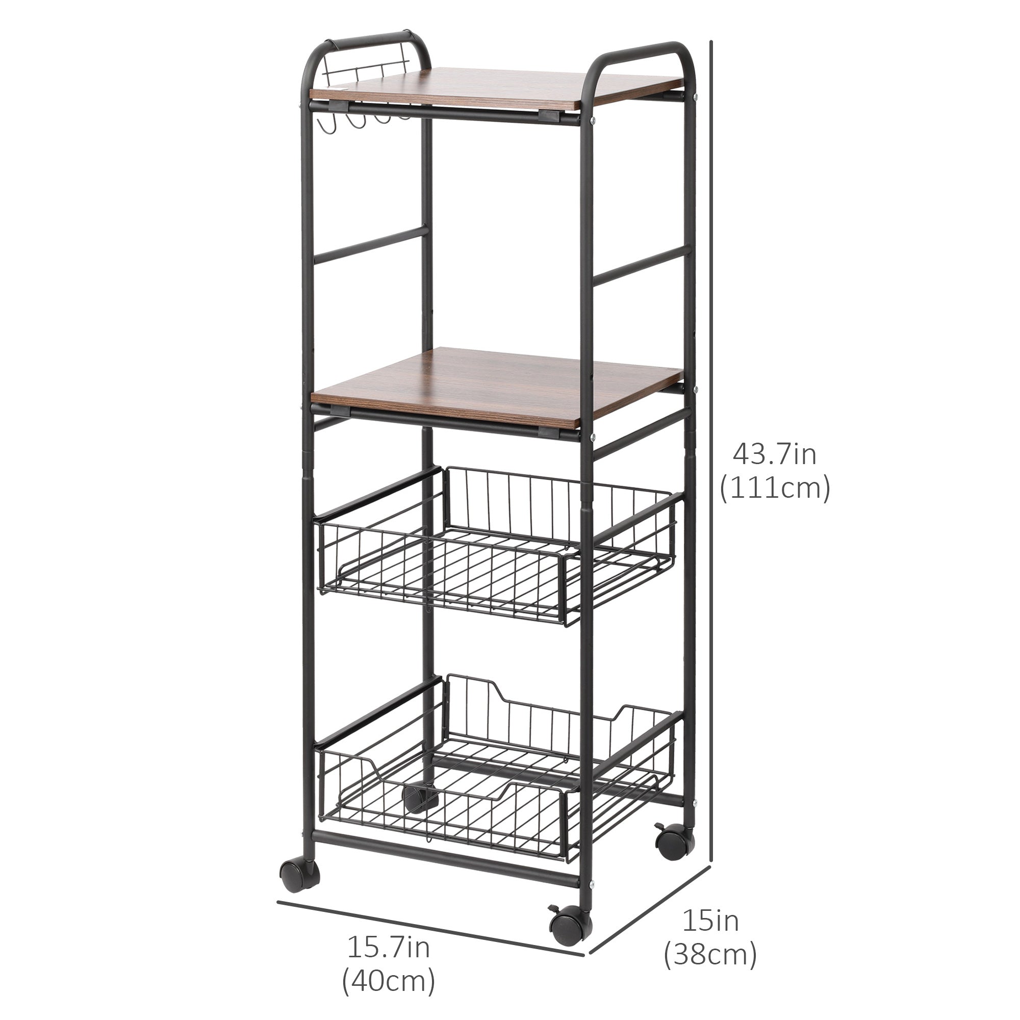 4 Tier Rolling Kitchen Cart, Utility and Industrial Storage Cart with 2 Basket Drawers, Side Hooks for Dining Room, Walnut Kitchen Islands & Kitchen Carts   at Gallery Canada