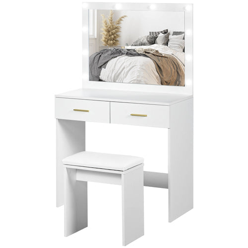 Makeup Vanity Desk Set with Stool, Dressing Table with LED Lighting Mirror, Drawers, for Bedroom, White