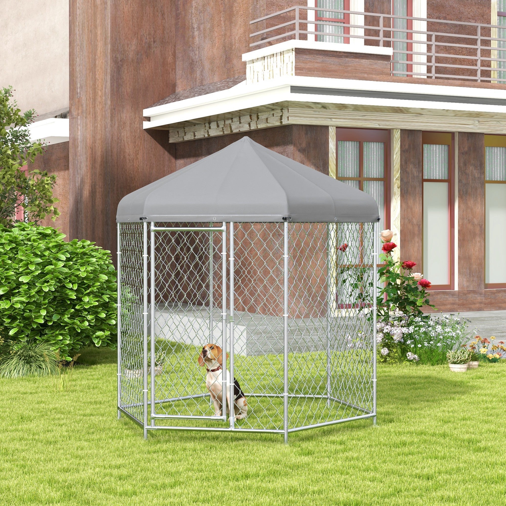 6.9' x 6.1' x 7' Outdoor Dog Kennel Dog Run with Waterproof, UV Resistant Cover for Medium Large Sized Dogs, Silver Houses, Kennels & Pens   at Gallery Canada