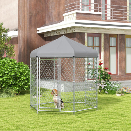 6.9' x 6.1' x 7' Outdoor Dog Kennel Dog Run with Waterproof, UV Resistant Cover for Medium Large Sized Dogs, Silver
