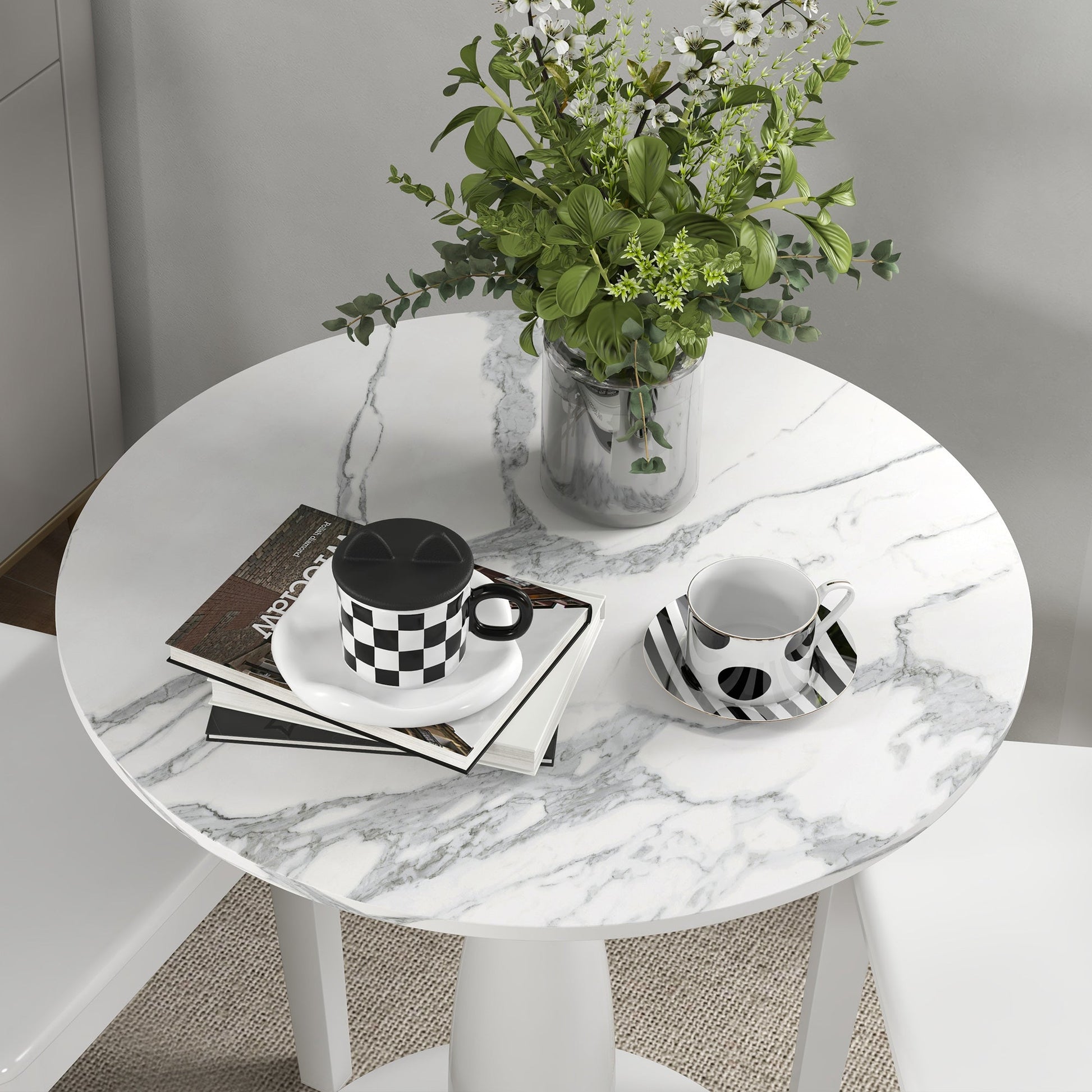 Round Dining Table, Modern Dining Room Table with Faux Marbled Top, Steel Base, Space Saving Small Kitchen Table, White Bar Tables & Dining Tables   at Gallery Canada