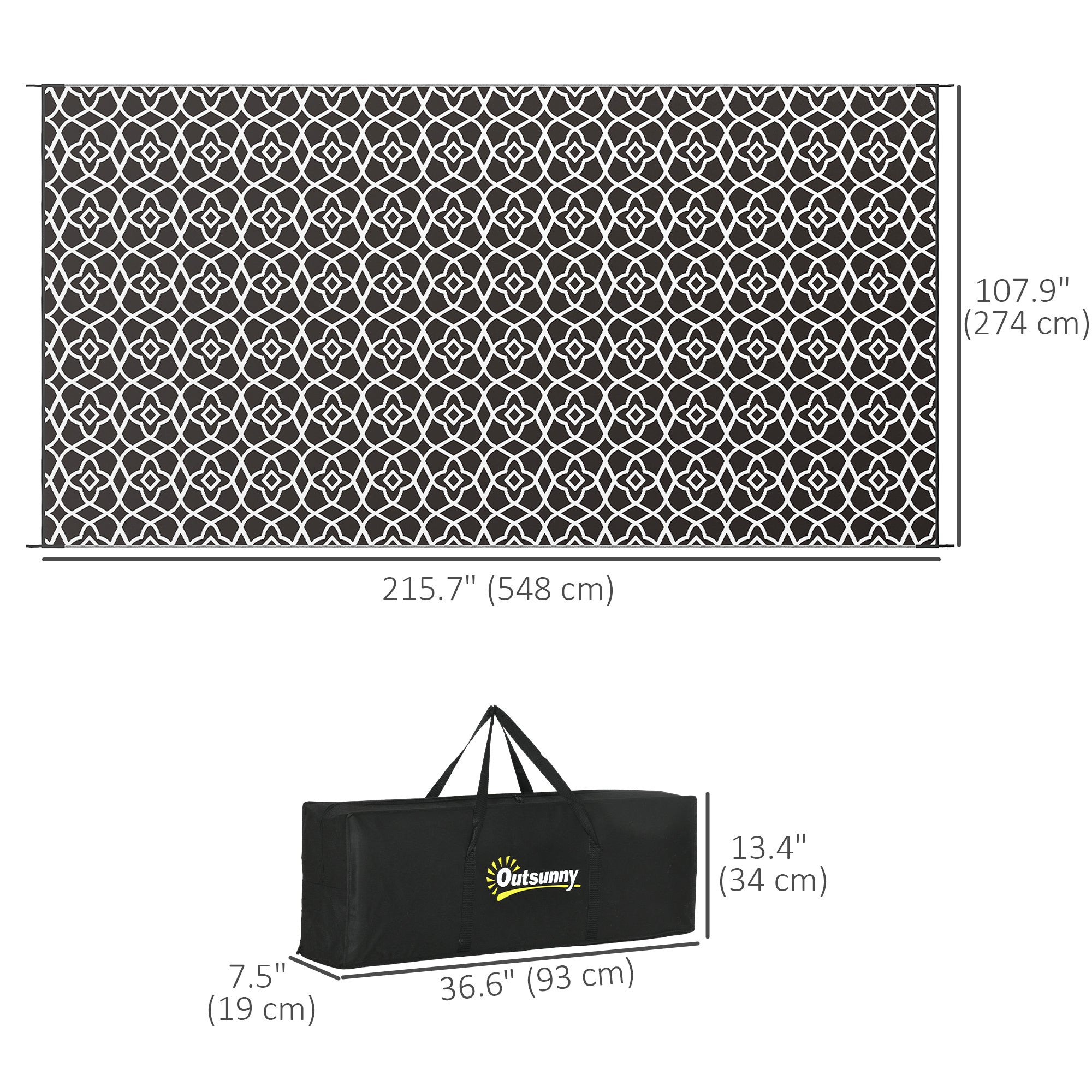 Reversible Outdoor Rug, Waterproof Plastic Straw RV Rug with Carry Bag, 9' x 18', Black and White Clover Outdoor Reversible Rugs at Gallery Canada