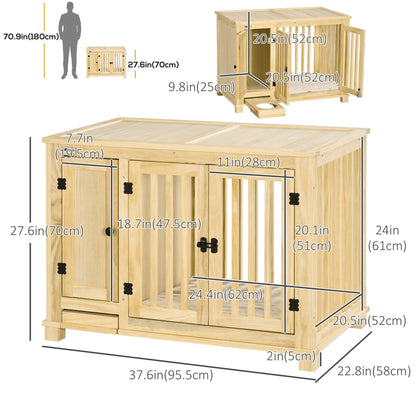 Wooden Dog Crate Furniture with Drawer Bowl Storage, Dog Kennel End Table with Cushion for Small Dogs Indoor Use, Natural Houses, Kennels & Pens   at Gallery Canada