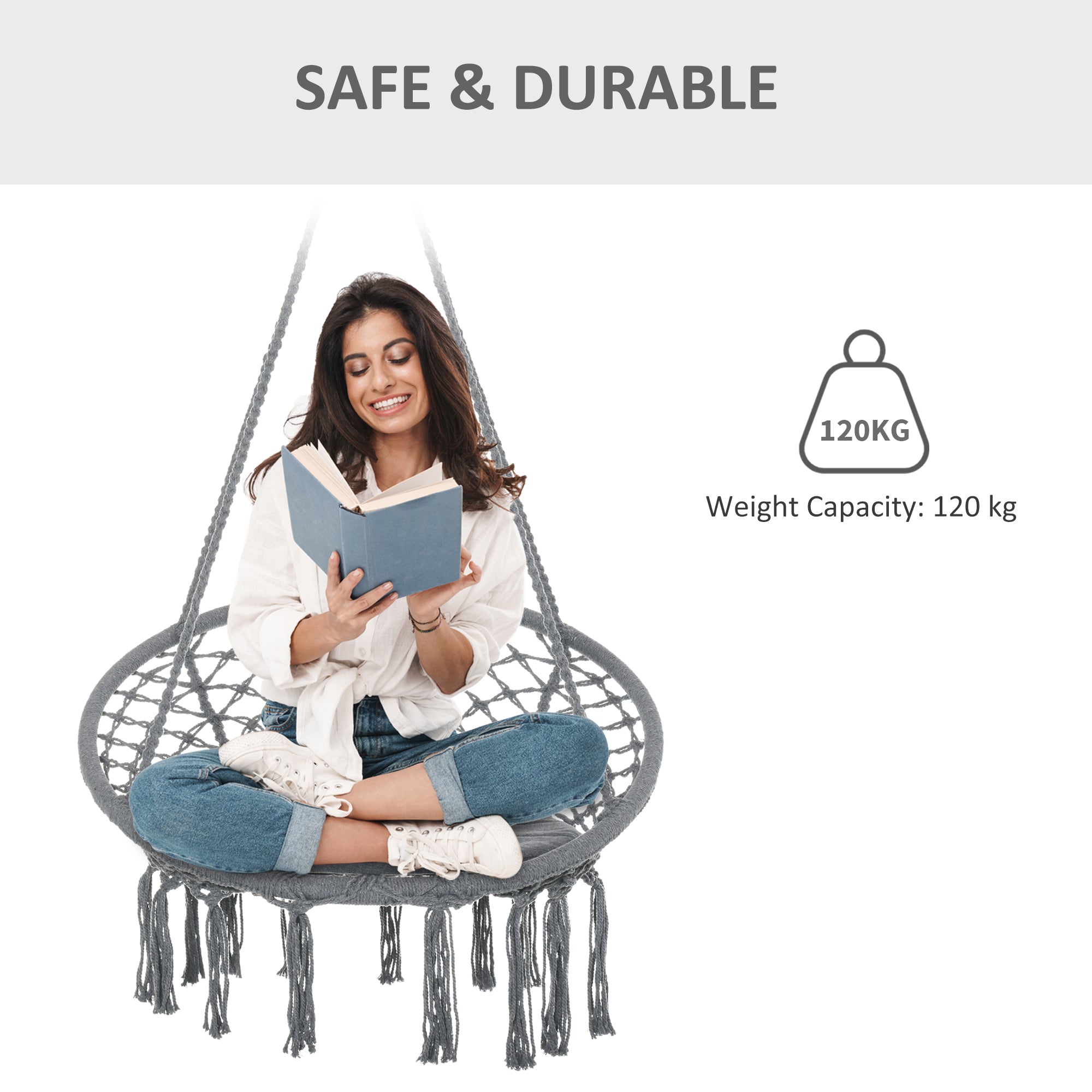 Patio Hammock Chair, Hanging Rope Hammock Swing for Indoor &; Outdoor Use with Backrest, Cotton-Polyester Blend, Fringe Tassels, Dark Grey Hammock Swings at Gallery Canada