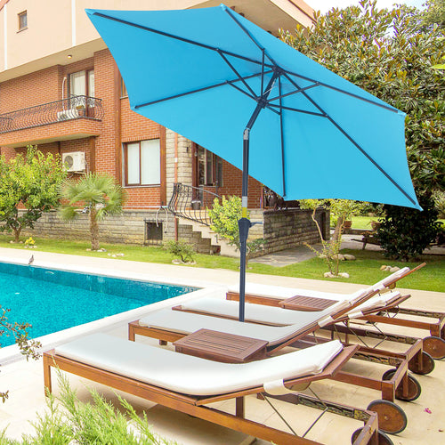 8.9' Round Aluminum Patio Umbrella Garden Parasol Market Sunshade Tilt Canopy w/ 6 Ribs, Crank Handle, Blue